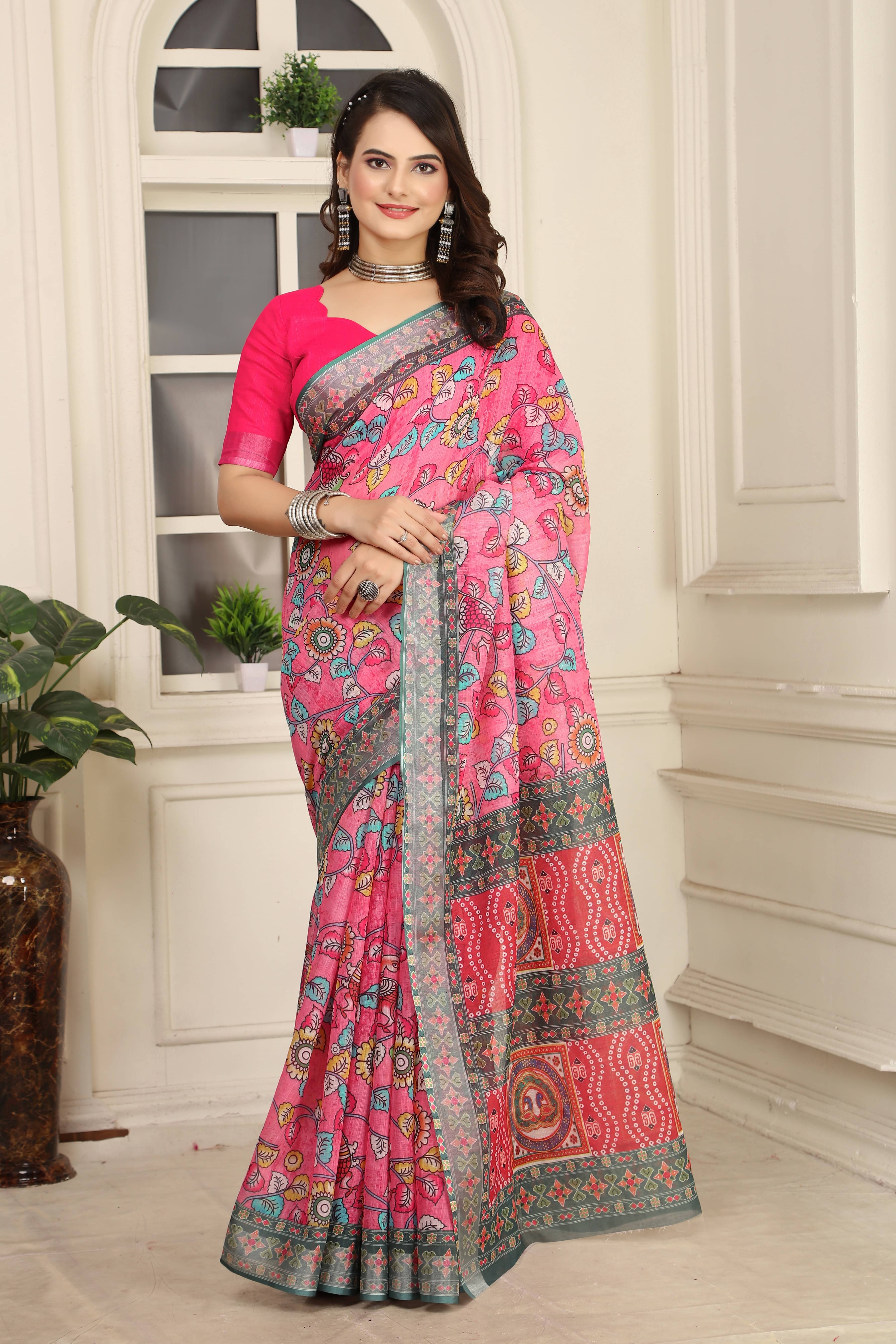     			Sidhidata Cotton Blend Printed Saree With Unstitched Blouse Piece ( Pink )