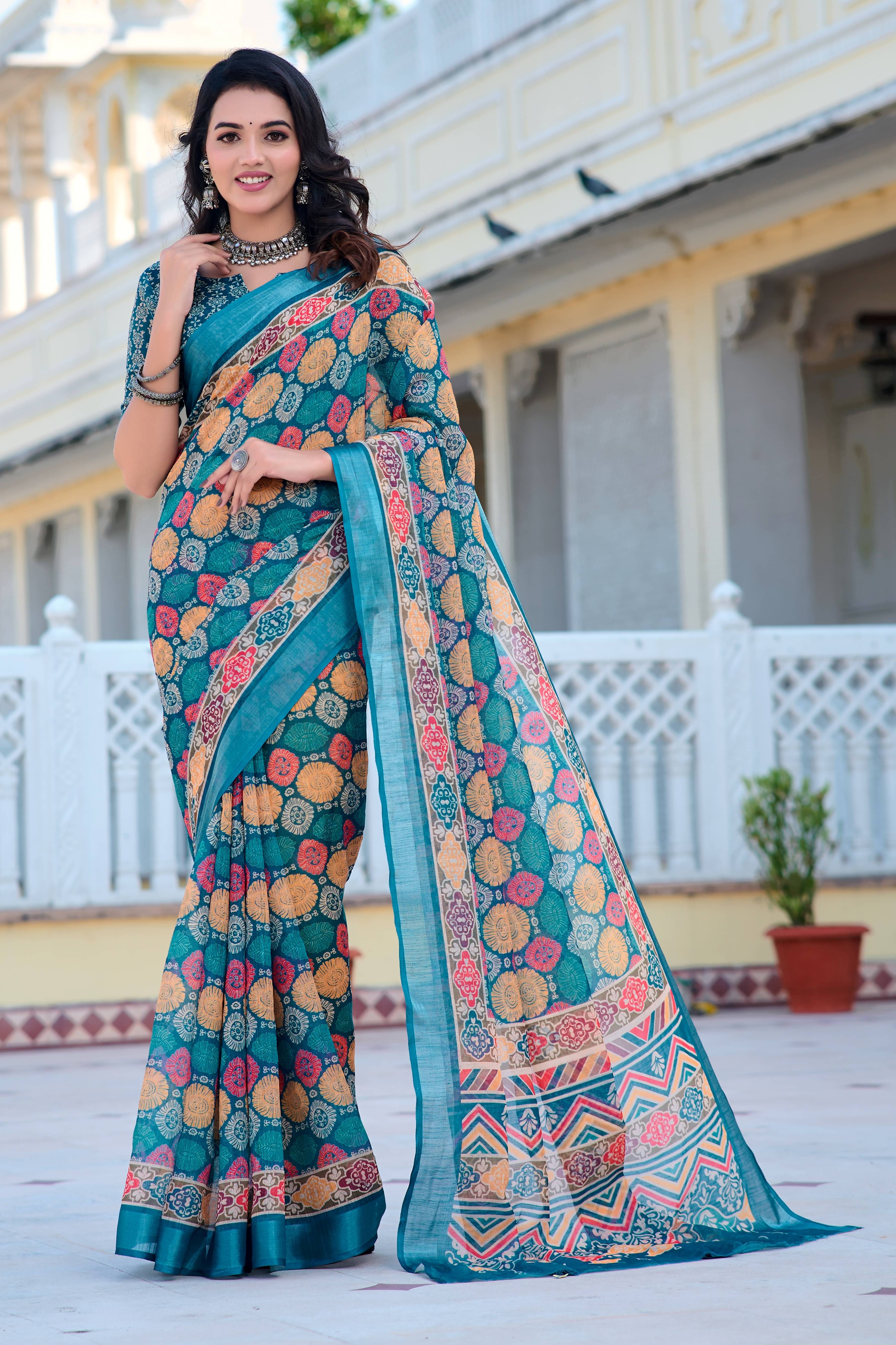     			Sidhidata Cotton Blend Printed Saree With Unstitched Blouse Piece ( Green )