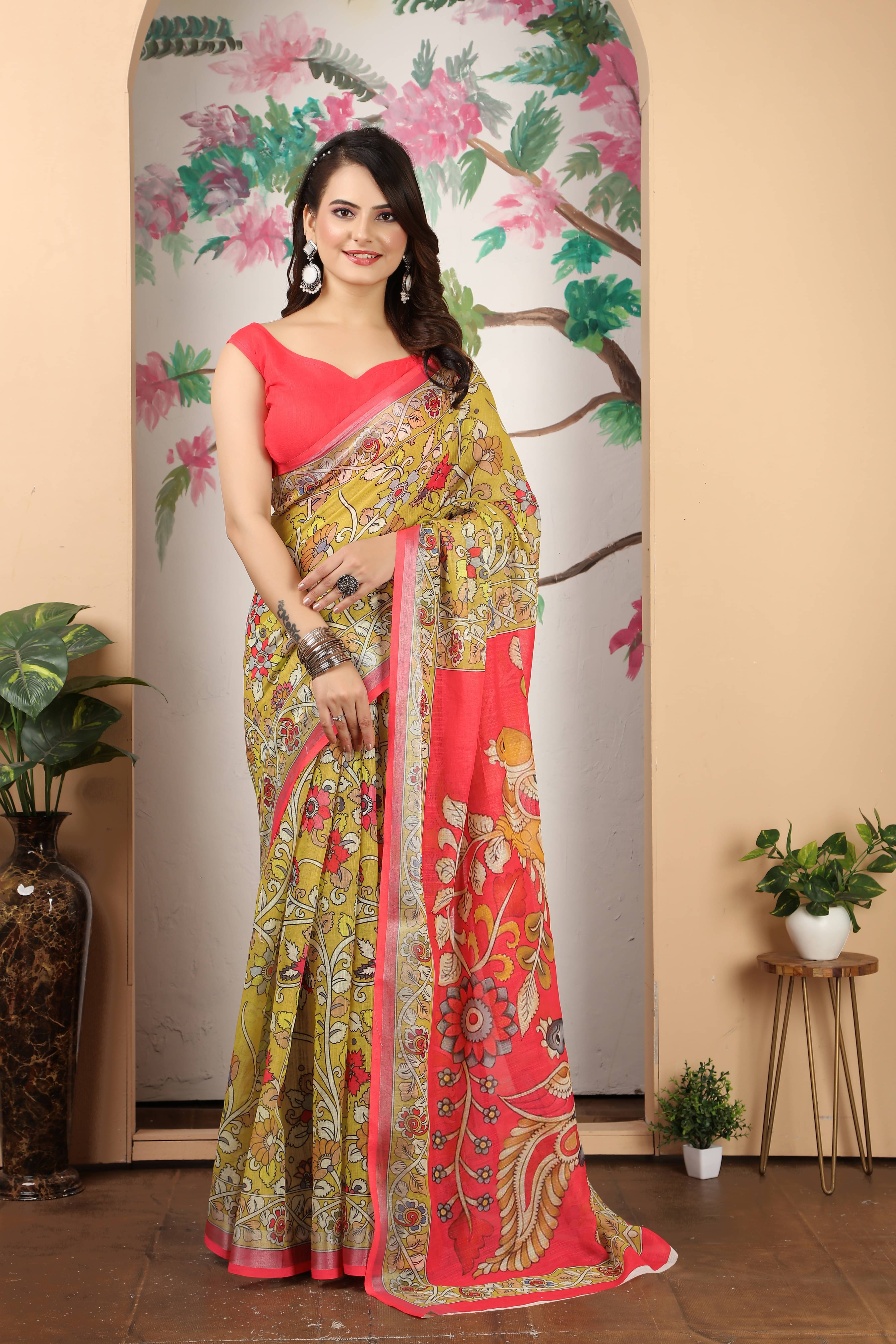     			Sidhidata Cotton Blend Printed Saree With Unstitched Blouse Piece ( Yellow )