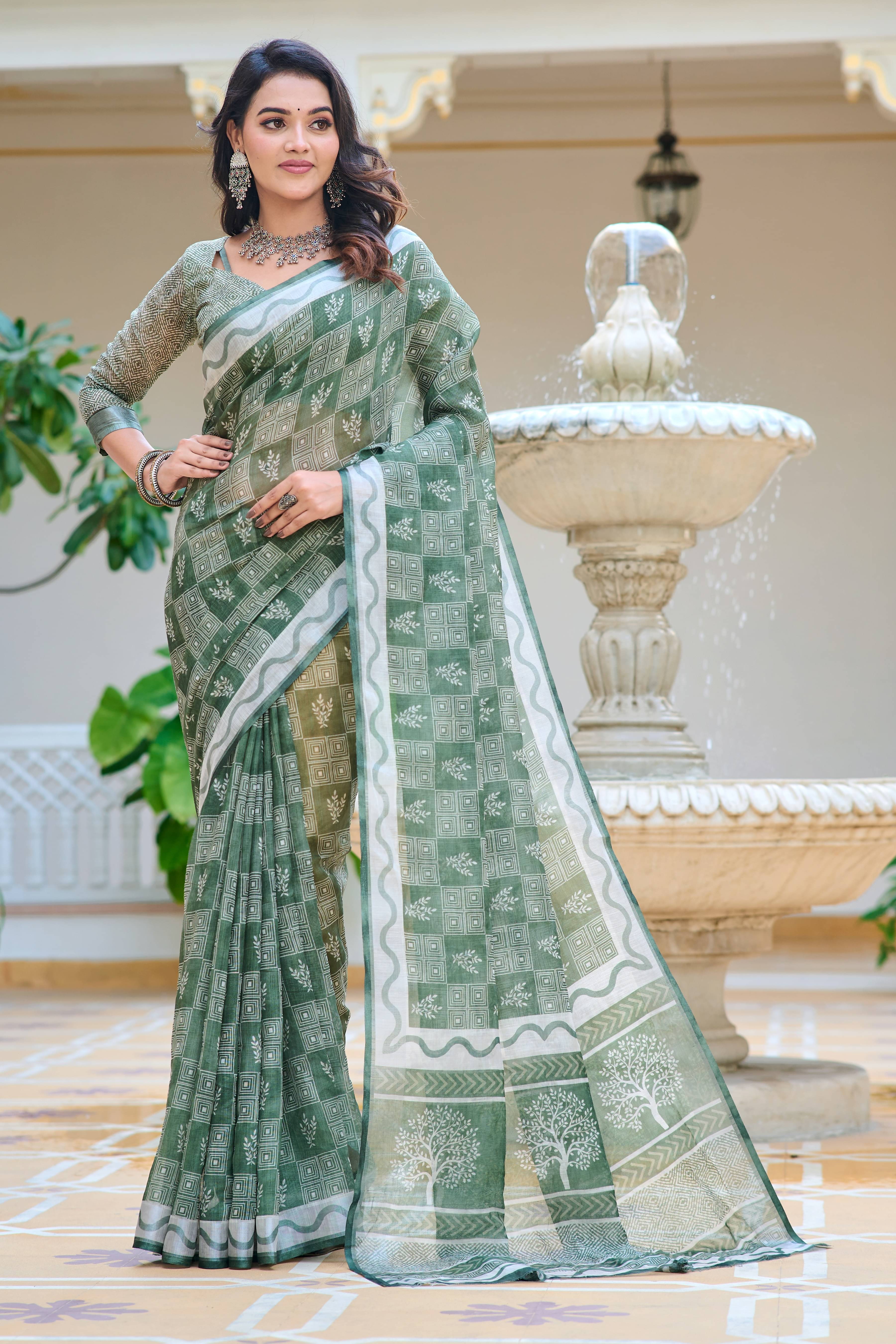 Sidhidata Cotton Blend Printed Saree With Unstitched Blouse Piece ( Green ) Sidhidata Cotton Blend Printed Saree With Unstitched Blouse Piece ( Green )