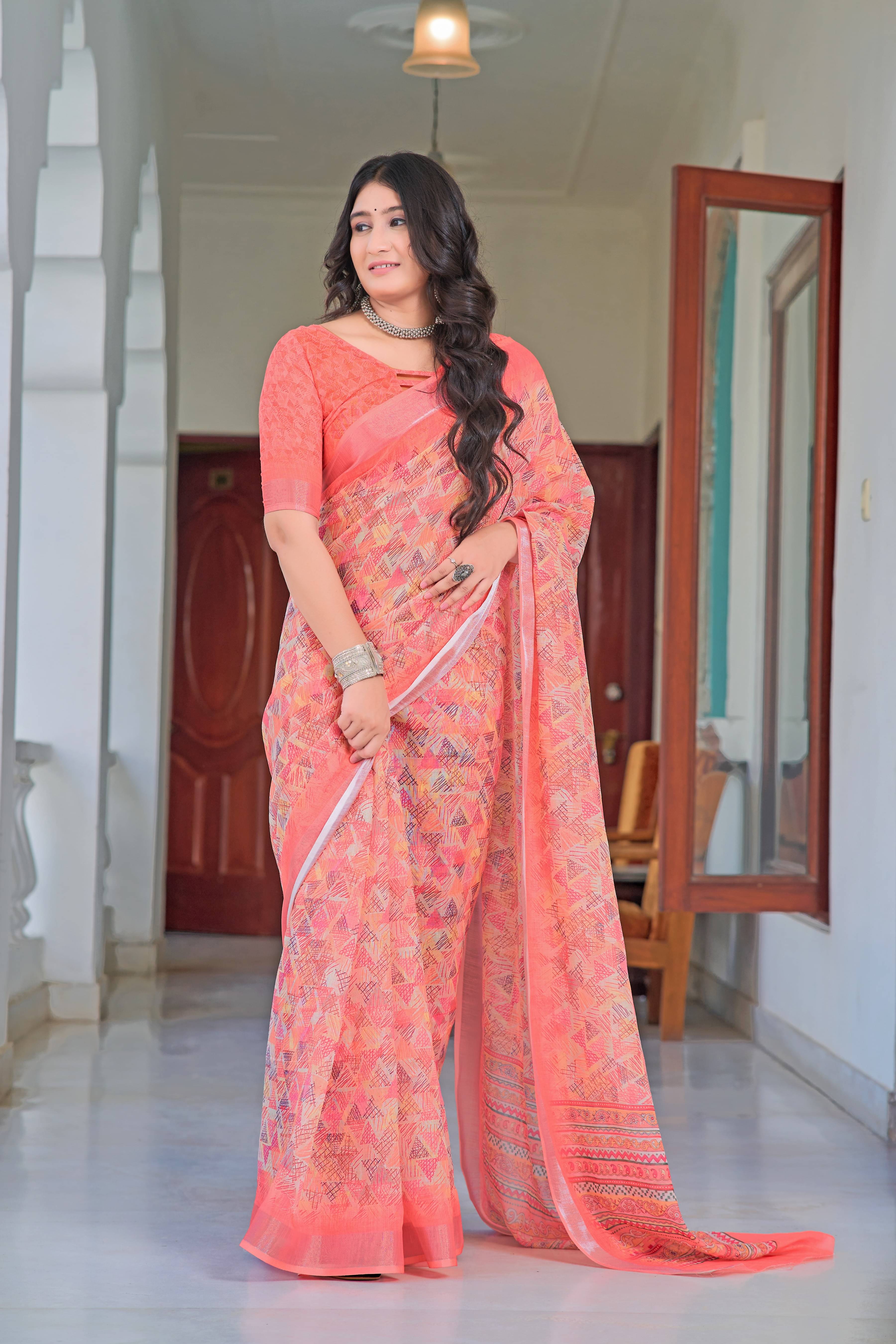     			Sidhidata Cotton Blend Printed Saree With Unstitched Blouse Piece ( Peach )