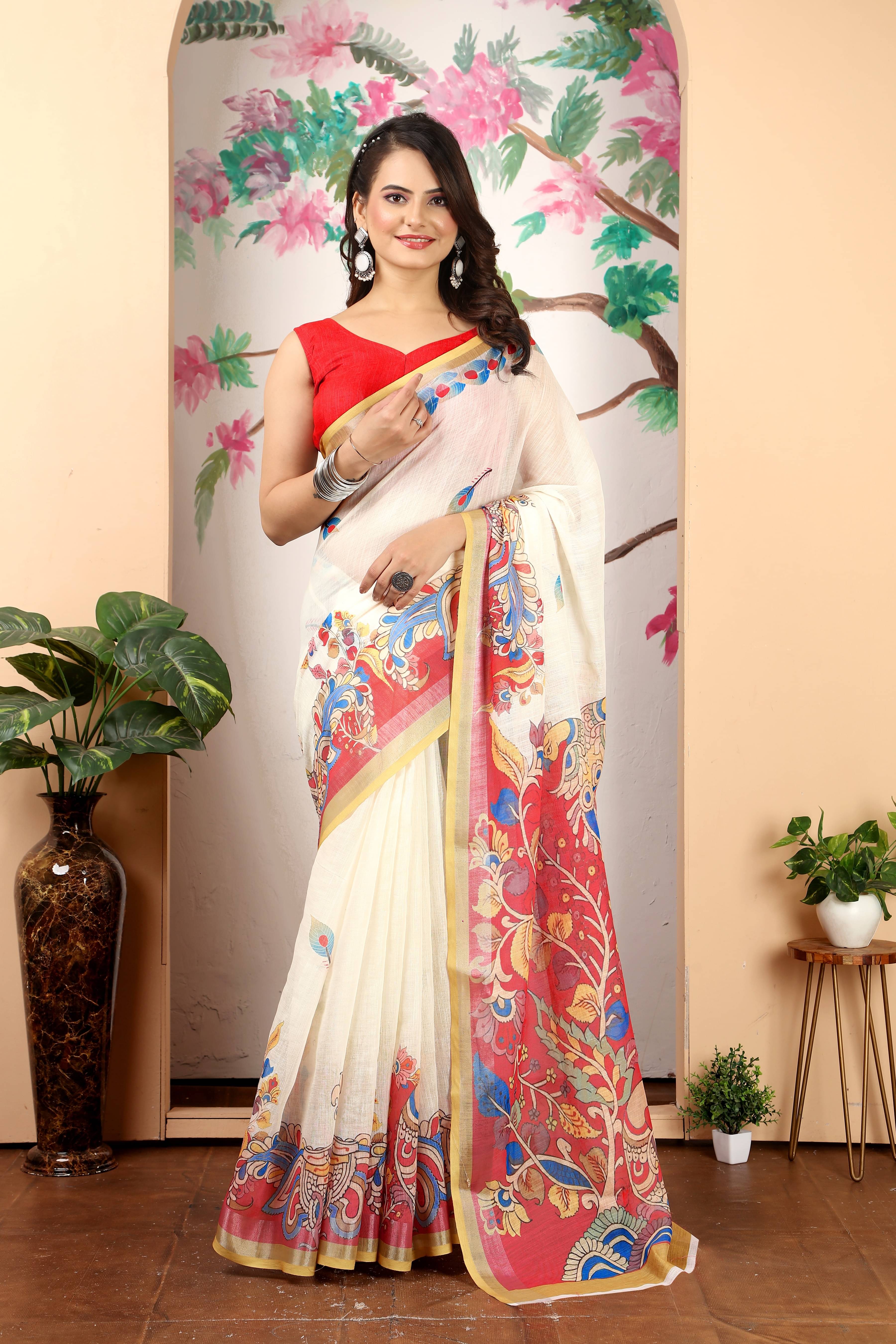 Sidhidata Cotton Blend Printed Saree With Unstitched Blouse Piece ( Cream ) Sidhidata Cotton Blend Printed Saree With Unstitched Blouse Piece ( Cream )