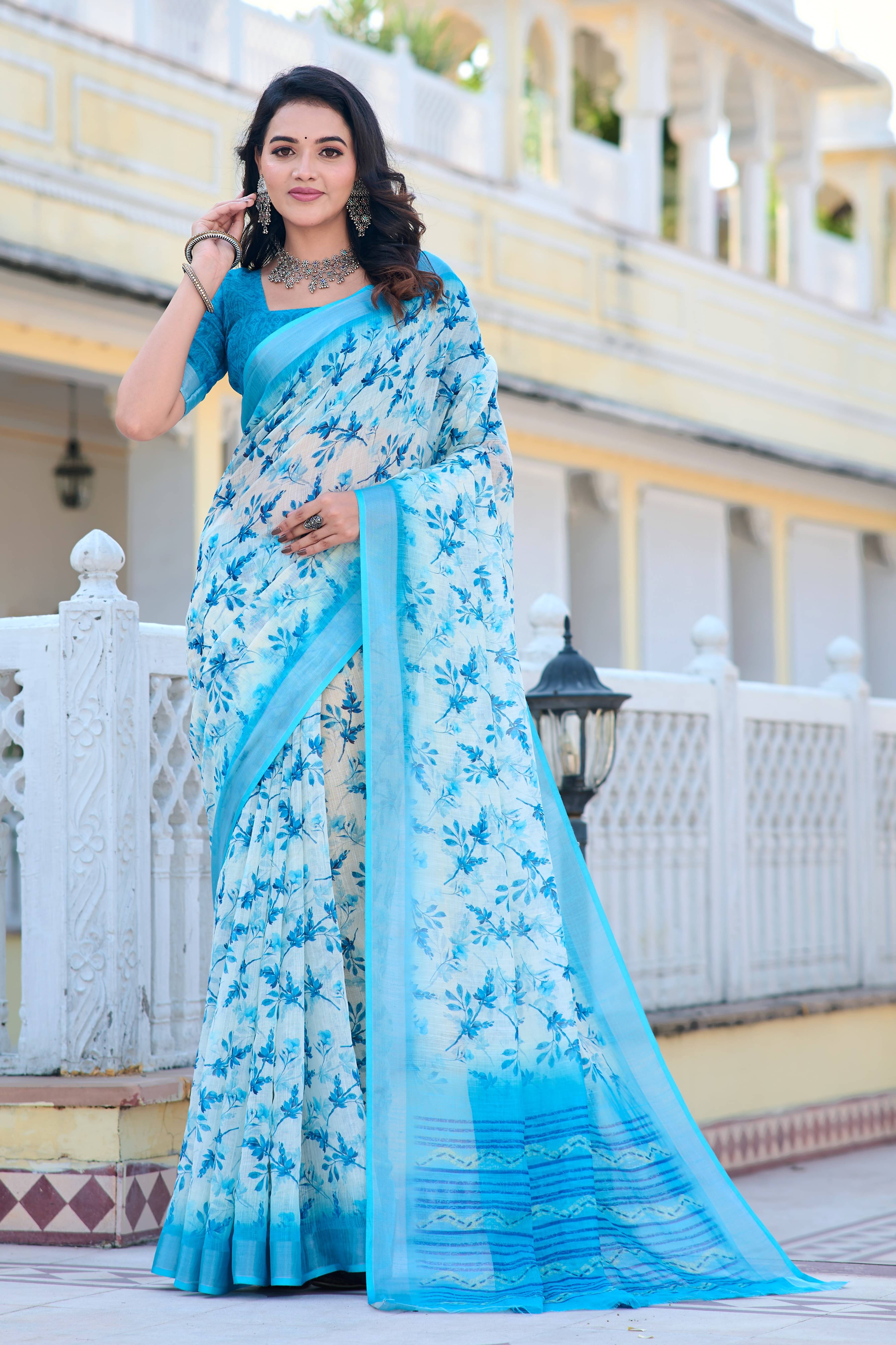 Sidhidata Cotton Blend Printed Saree With Unstitched Blouse Piece ( Blue ) Sidhidata Cotton Blend Printed Saree With Unstitched Blouse Piece ( Blue )