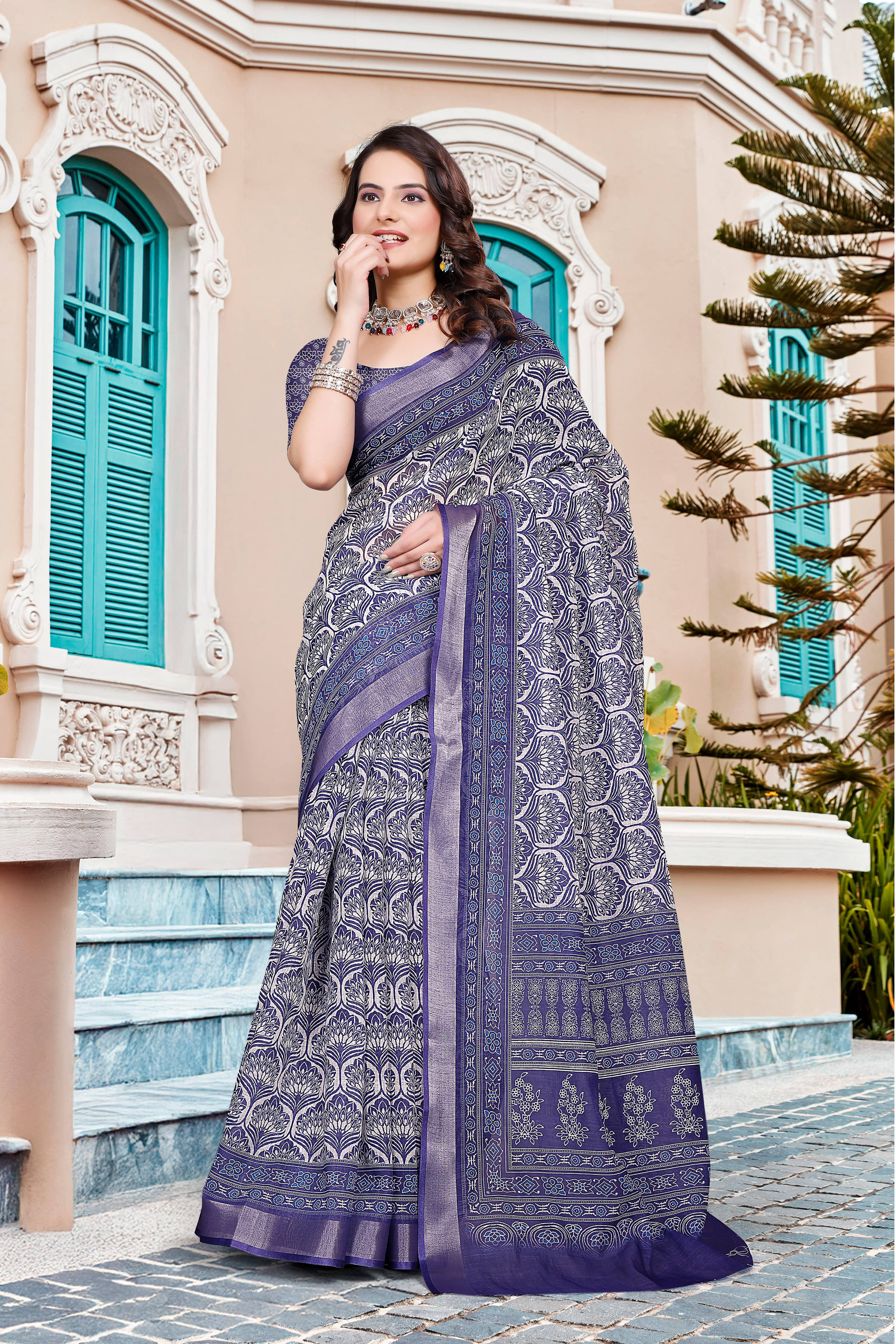 Sidhidata Cotton Blend Printed Saree With Unstitched Blouse Piece ( Navy Blue ) Sidhidata Cotton Blend Printed Saree With Unstitched Blouse Piece ( Navy Blue )