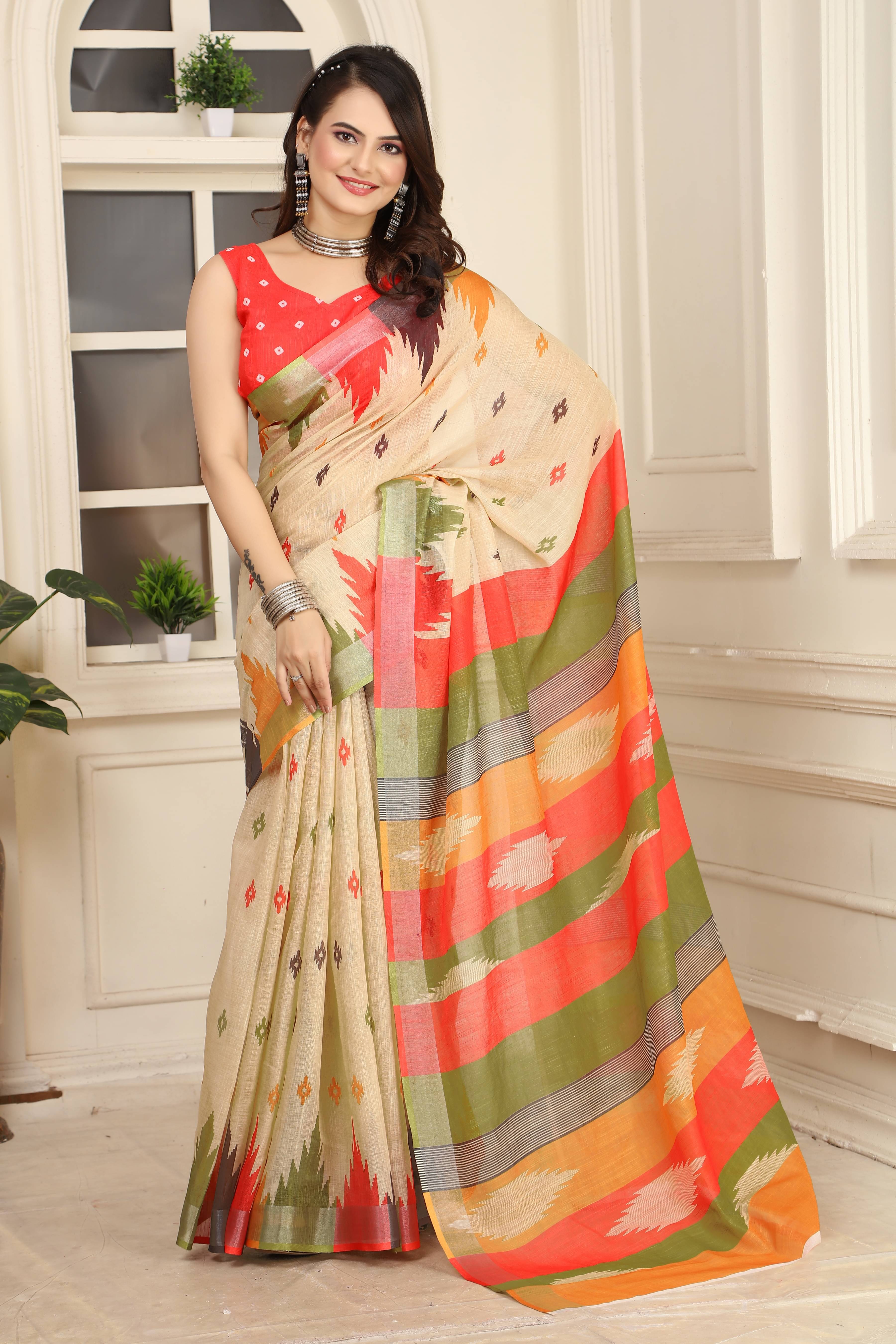 Sidhidata Cotton Blend Printed Saree With Unstitched Blouse Piece ( Cream ) Sidhidata Cotton Blend Printed Saree With Unstitched Blouse Piece ( Cream )