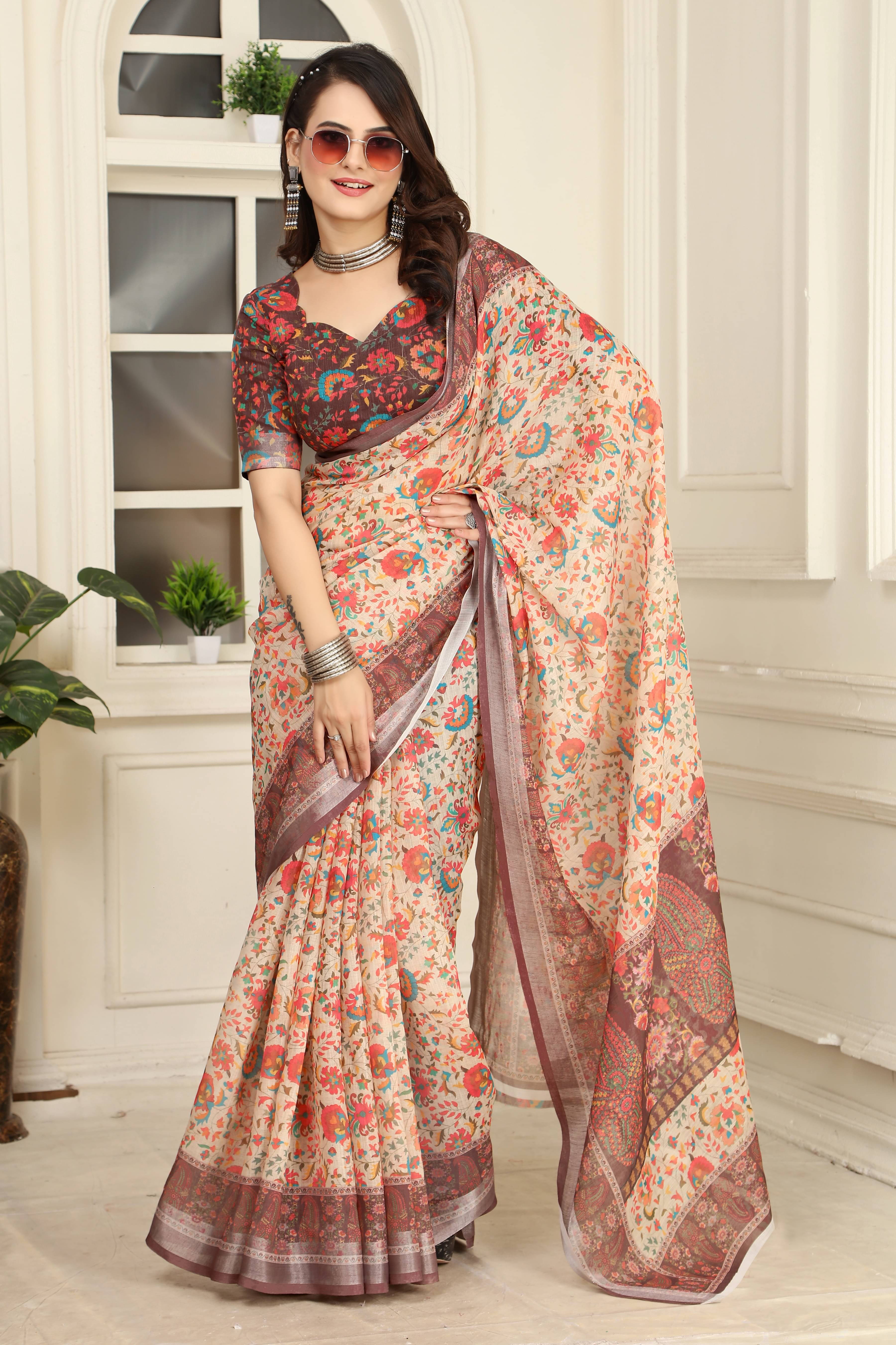 Sidhidata Cotton Blend Printed Saree With Unstitched Blouse Piece ( Cream ) Sidhidata Cotton Blend Printed Saree With Unstitched Blouse Piece ( Cream )