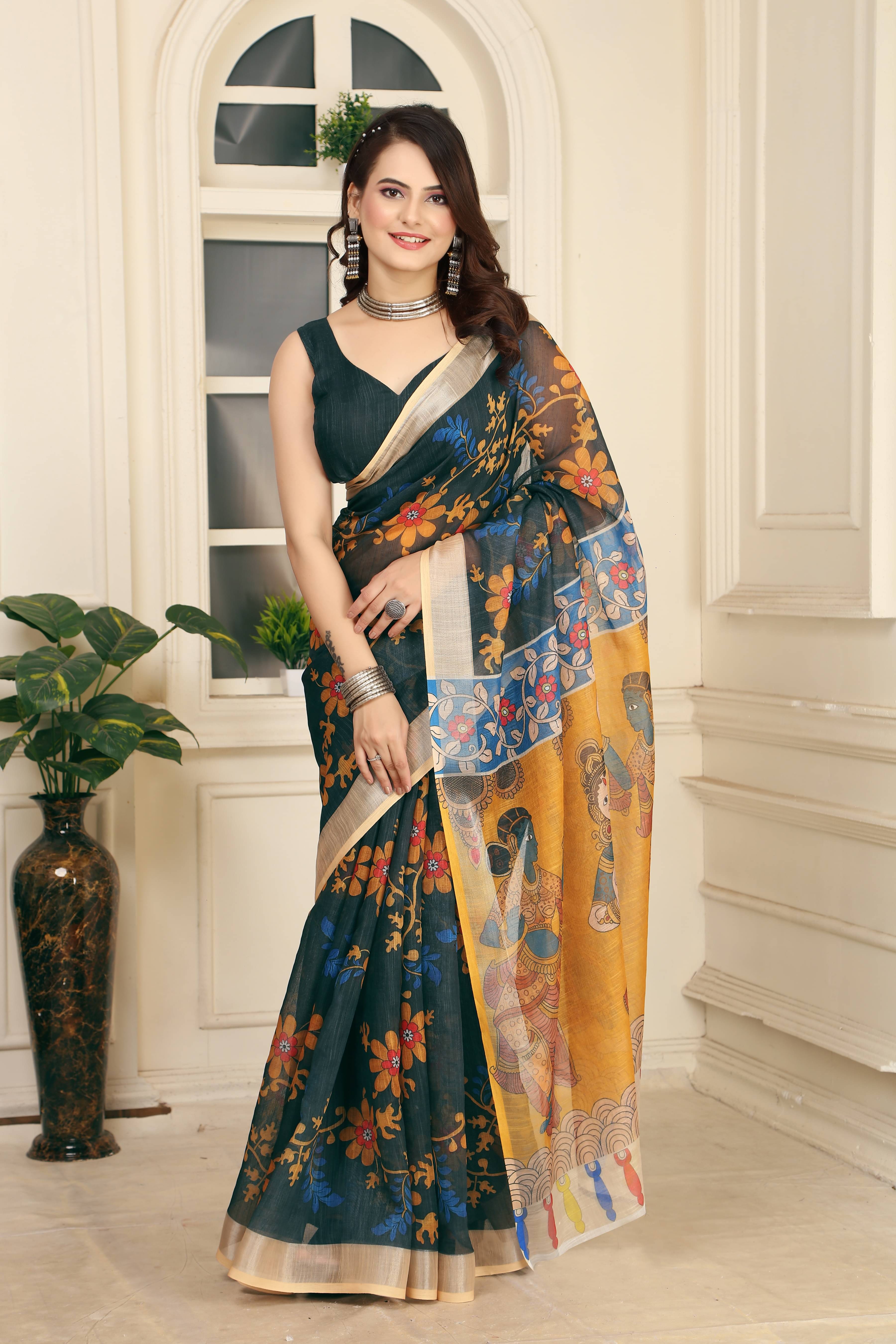 Sidhidata Cotton Blend Printed Saree With Unstitched Blouse Piece ( Green ) Sidhidata Cotton Blend Printed Saree With Unstitched Blouse Piece ( Green )