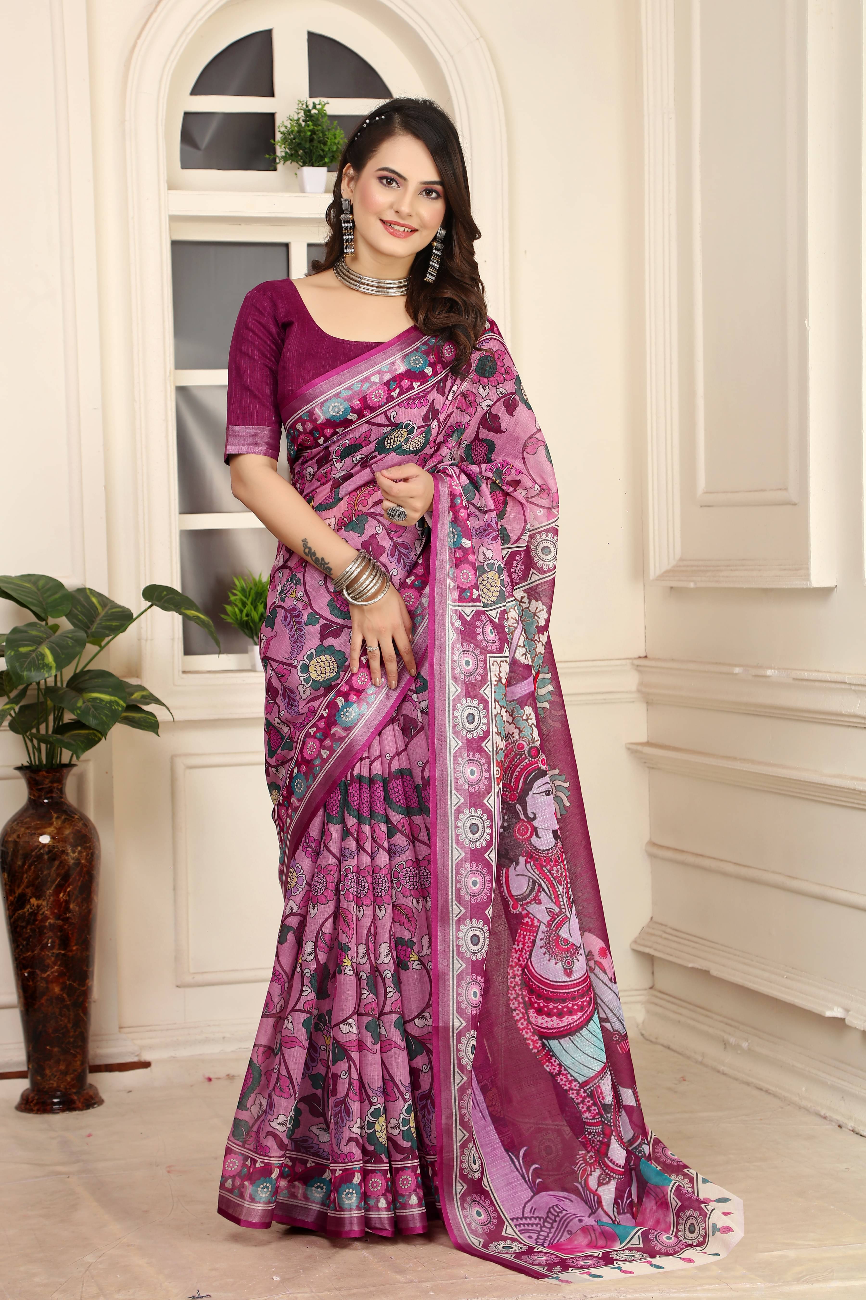 Sidhidata Cotton Blend Printed Saree With Unstitched Blouse Piece ( Pink ) Sidhidata Cotton Blend Printed Saree With Unstitched Blouse Piece ( Pink )