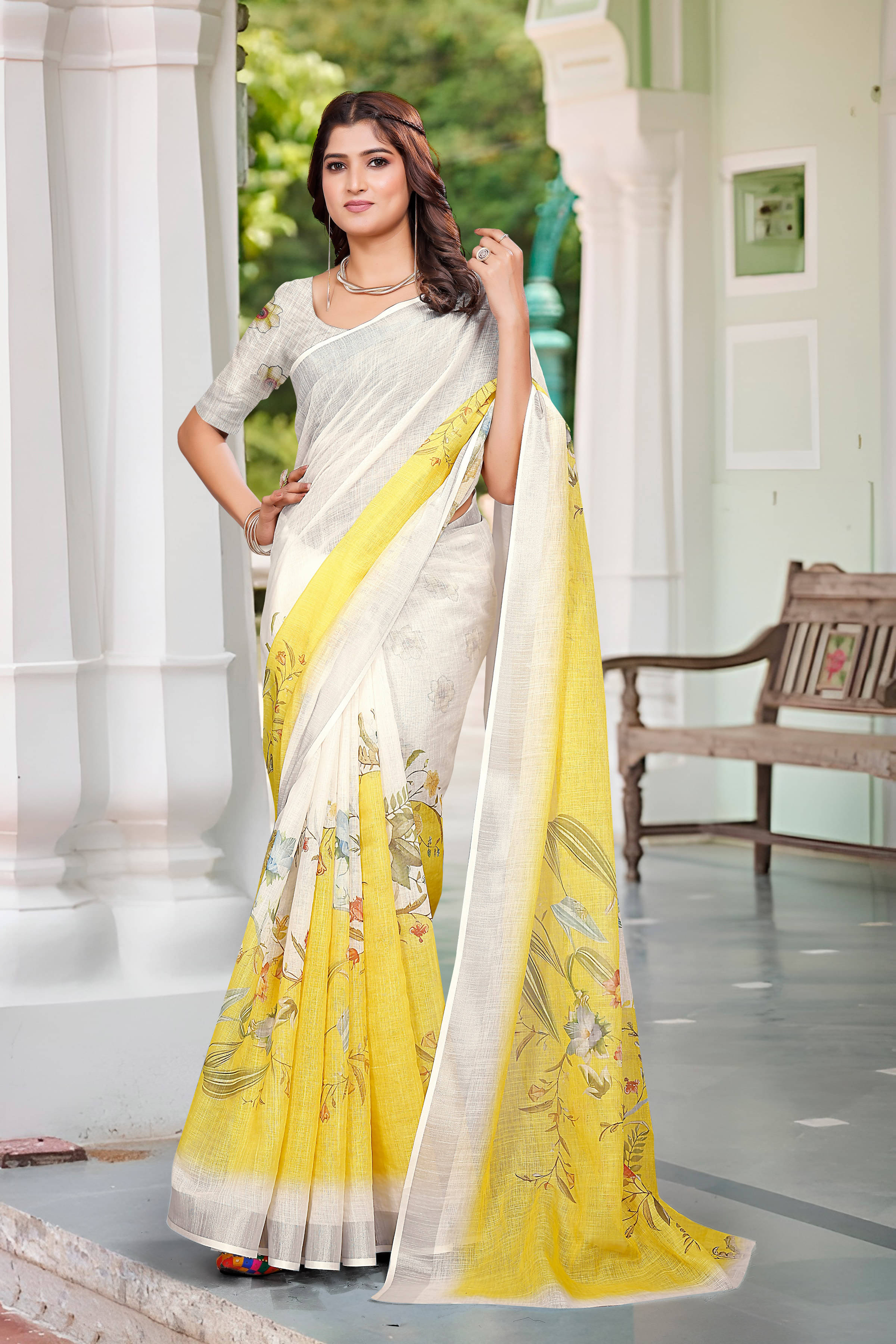     			Sidhidata Cotton Blend Printed Saree With Unstitched Blouse Piece ( Yellow )