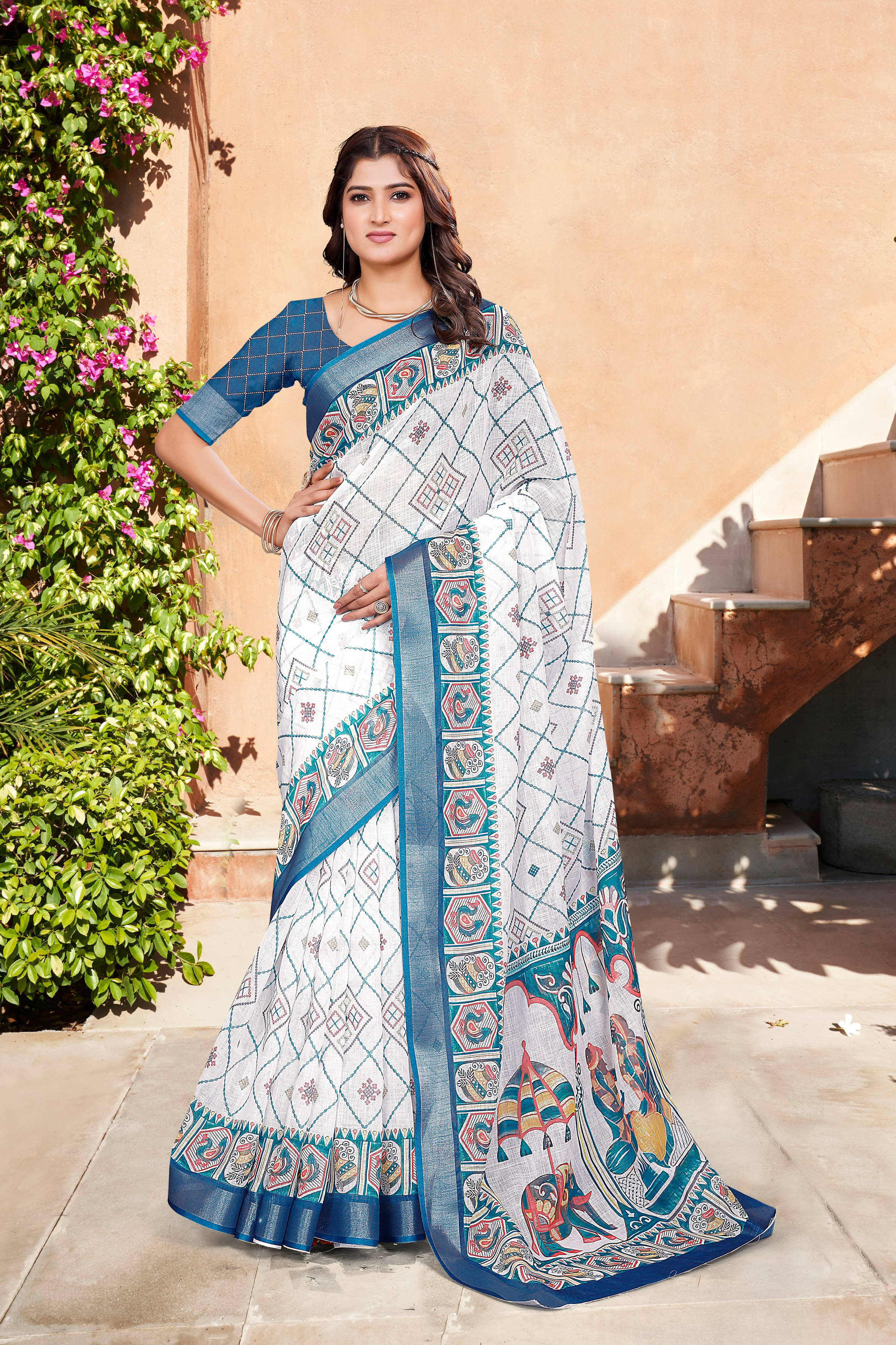 Sidhidata Cotton Blend Printed Saree With Unstitched Blouse Piece ( White ) Sidhidata Cotton Blend Printed Saree With Unstitched Blouse Piece ( White )