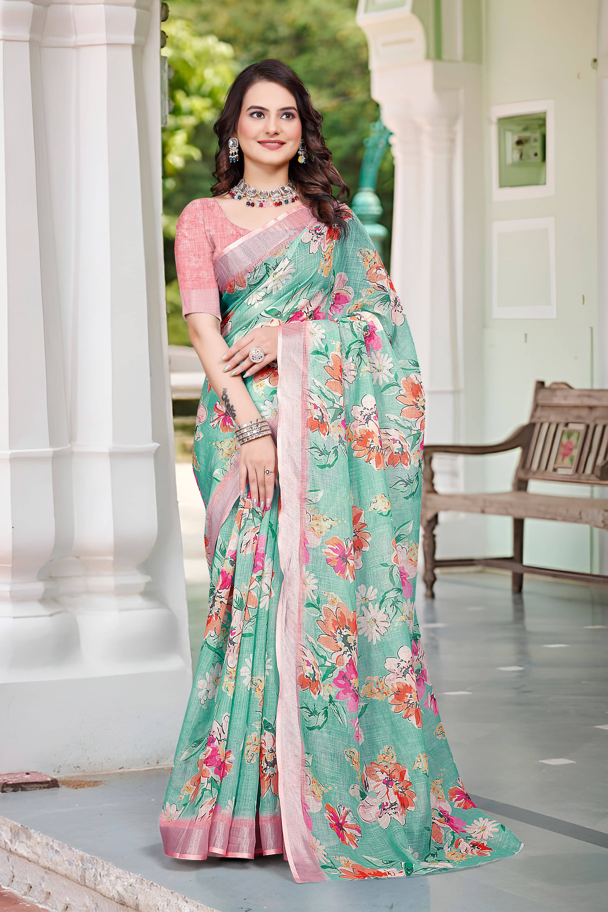 Sidhidata Cotton Blend Printed Saree With Unstitched Blouse Piece ( Sea Green ) Sidhidata Cotton Blend Printed Saree With Unstitched Blouse Piece ( Sea Green )