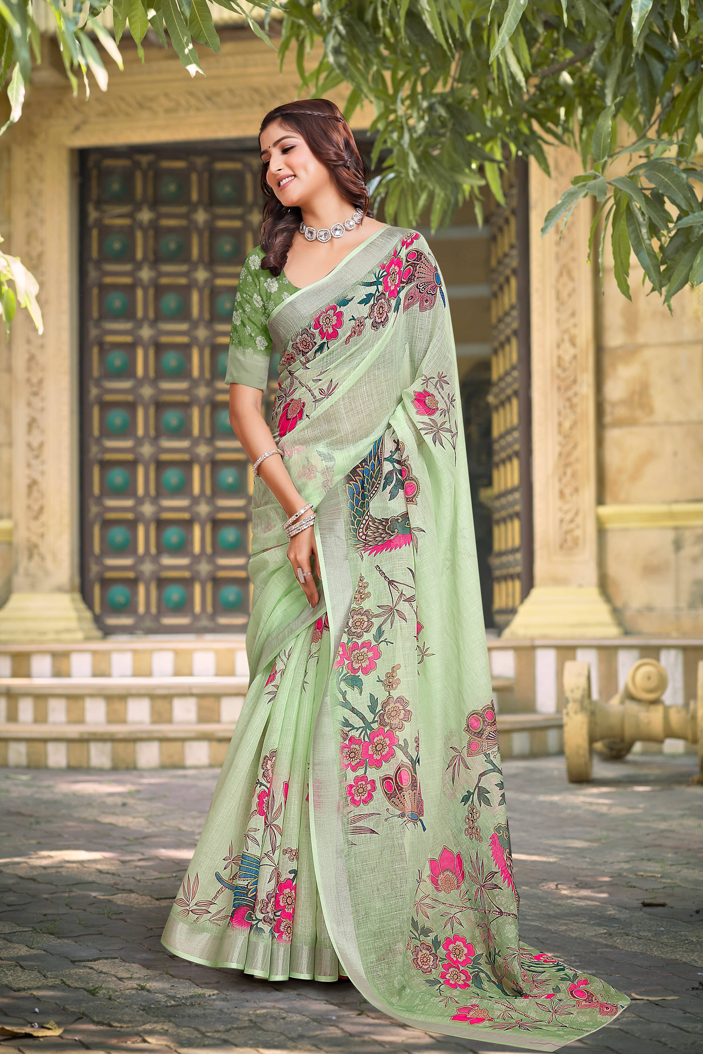 Sidhidata Cotton Blend Printed Saree With Unstitched Blouse Piece ( Green ) Sidhidata Cotton Blend Printed Saree With Unstitched Blouse Piece ( Green )