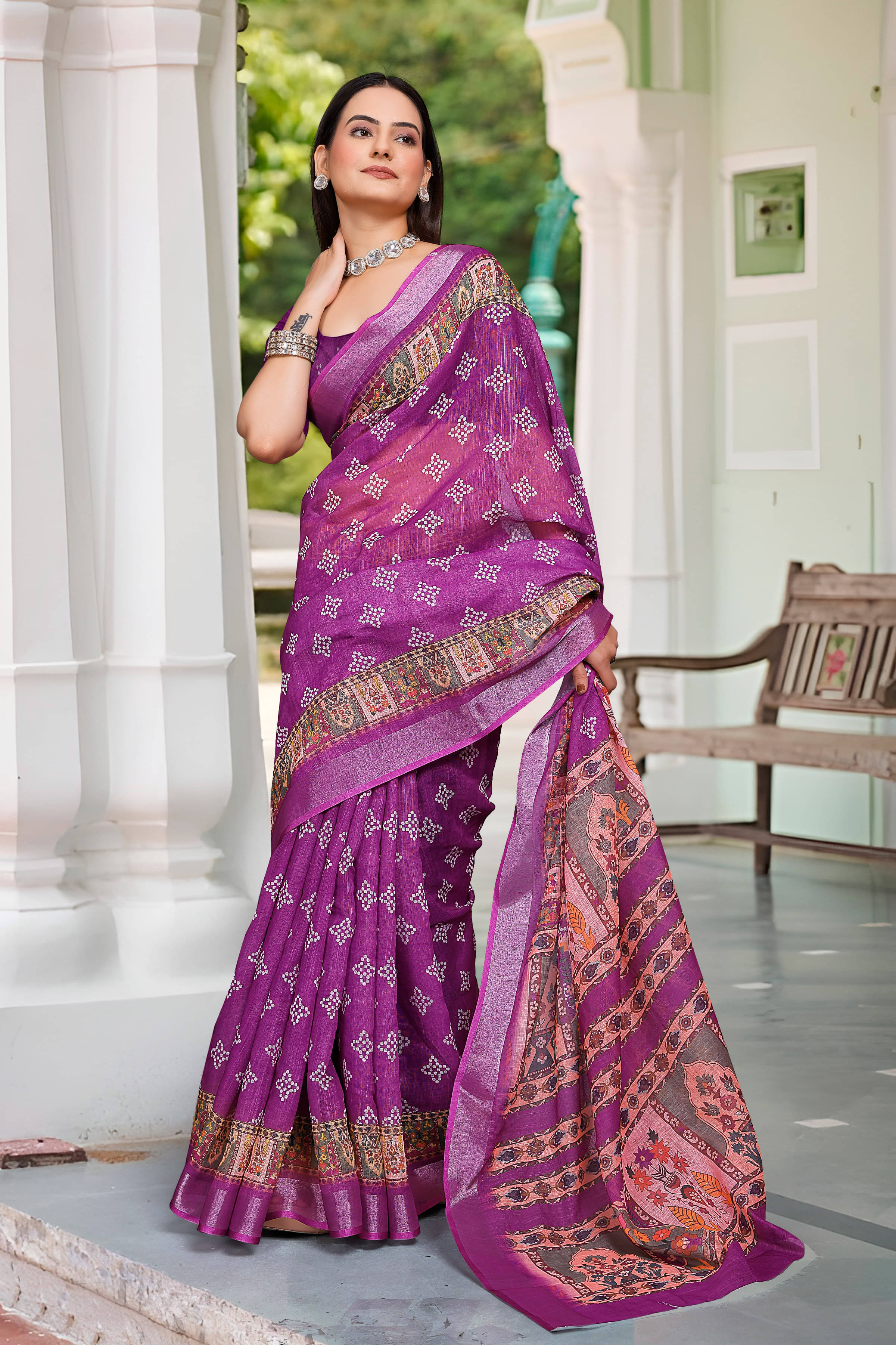 Sidhidata Cotton Blend Printed Saree With Unstitched Blouse Piece ( Purple ) Sidhidata Cotton Blend Printed Saree With Unstitched Blouse Piece ( Purple )