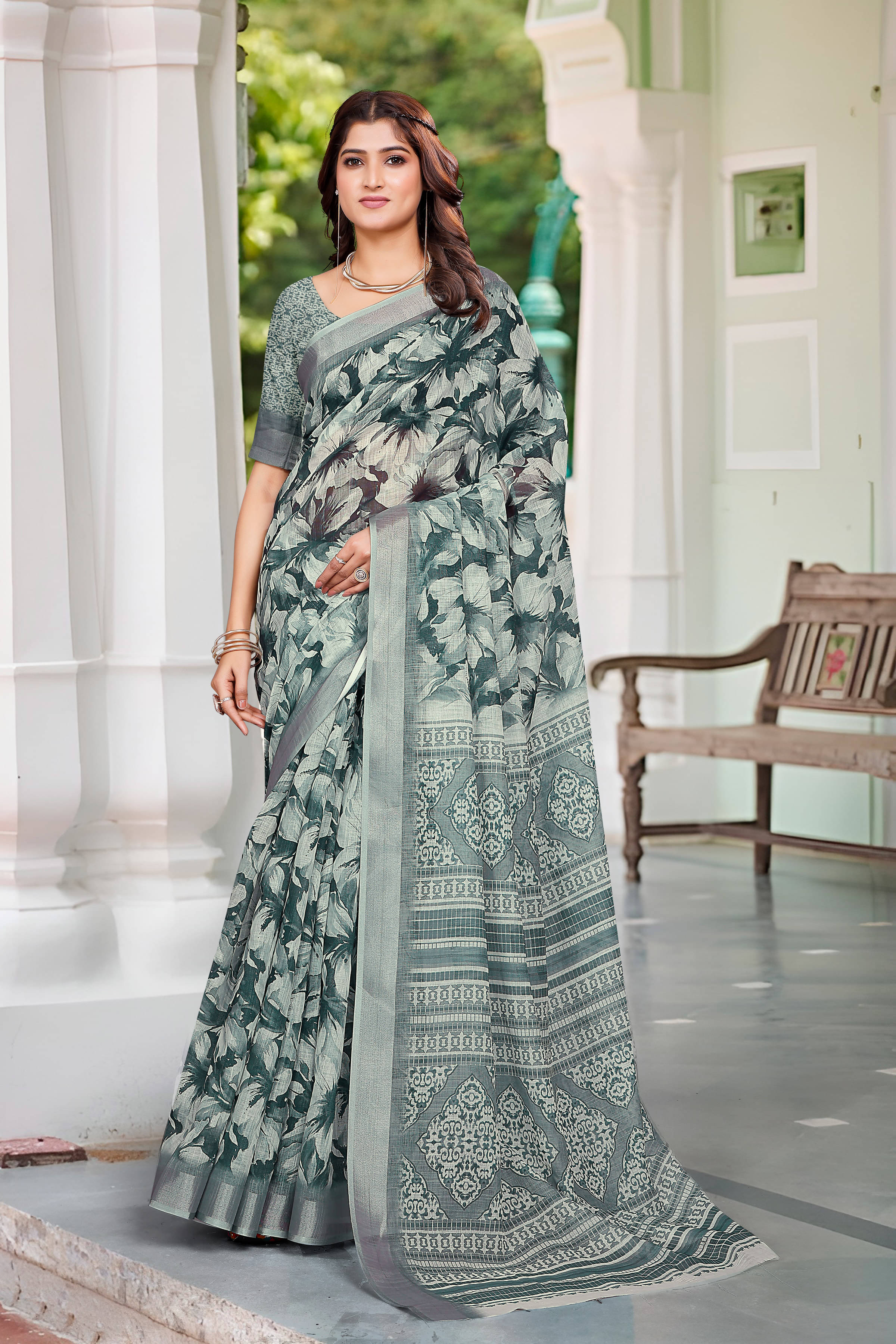 Sidhidata Cotton Blend Printed Saree With Unstitched Blouse Piece ( Green ) Sidhidata Cotton Blend Printed Saree With Unstitched Blouse Piece ( Green )