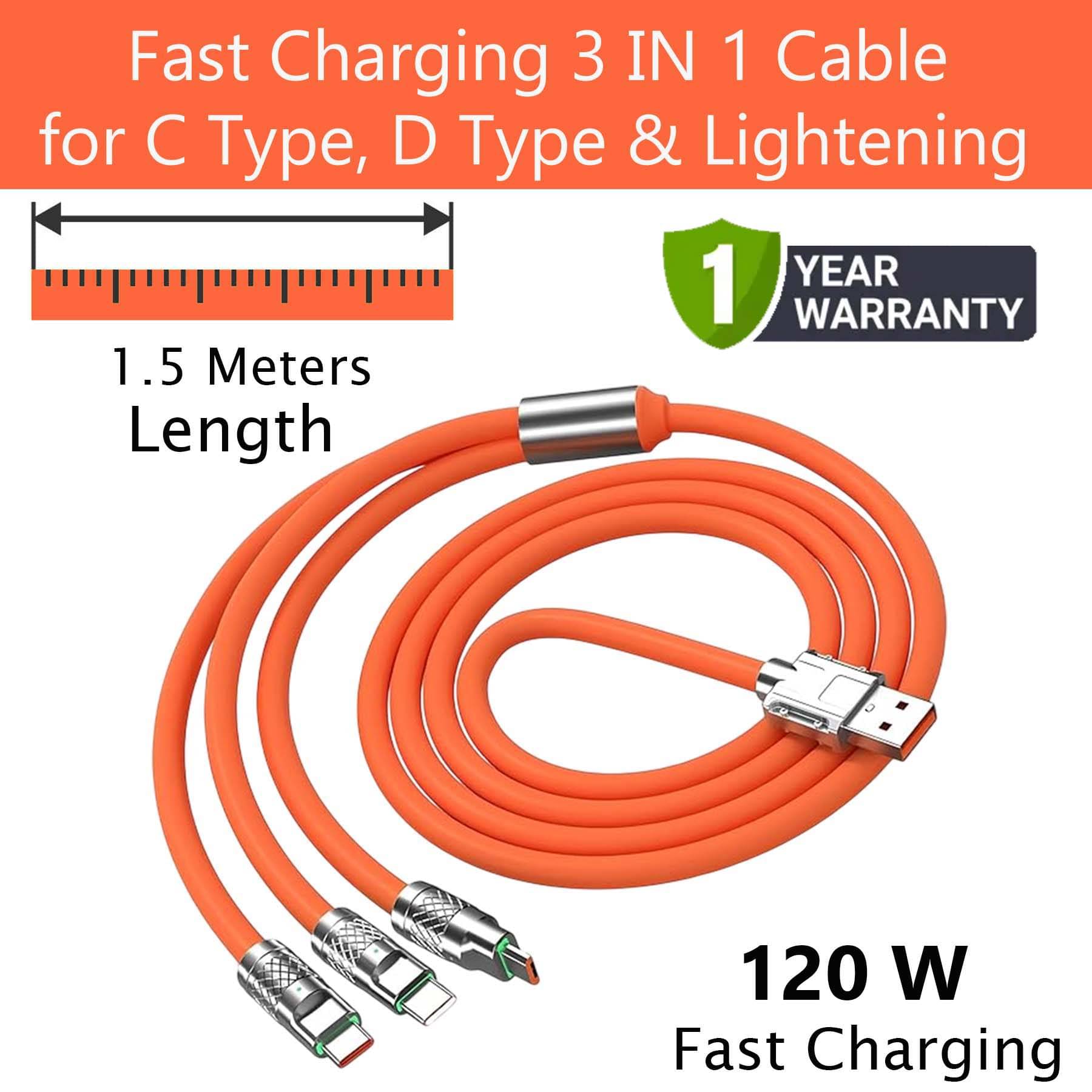     			U7 120 W, 6A 3-in-1 Fast Charging USB Charging Cable, Lightning, Type-C & Micro USB – Fast Charge & Data Sync