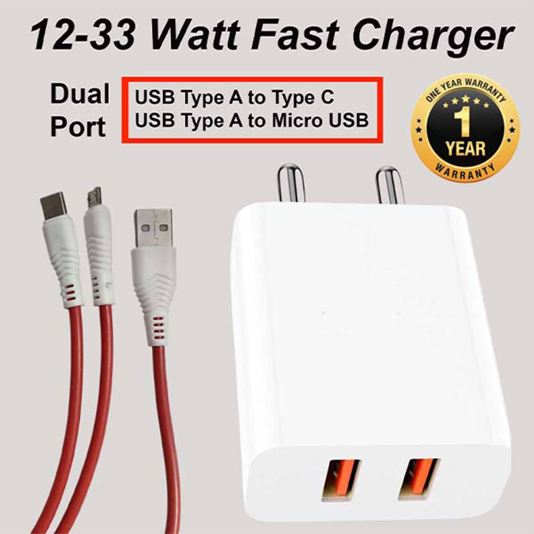     			U7 12W-33W Fast Charger, Dual Port Usb Type A to Type-C to Micro Usb Charger, Wall Charger for Supported Mobile & Tablets