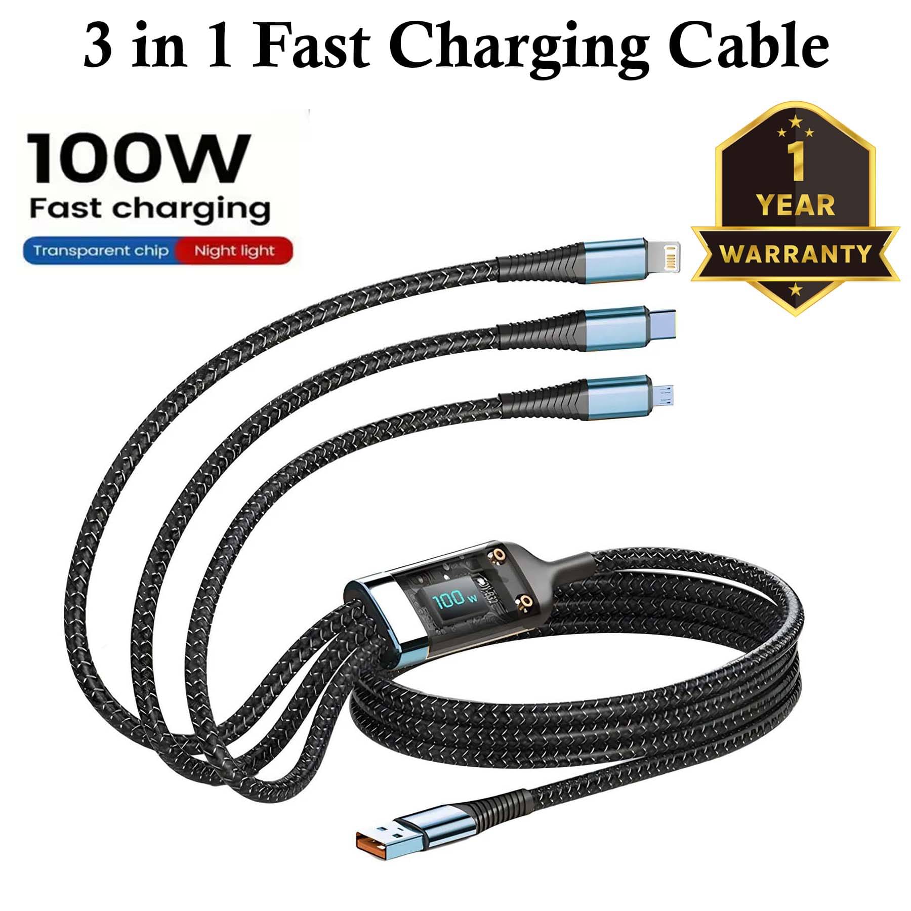     			U7 3-in-1 100W 6A USB Charging Cable – Lightning, Type-C & Micro USB – Fast Charging Data Cable & Data Sync