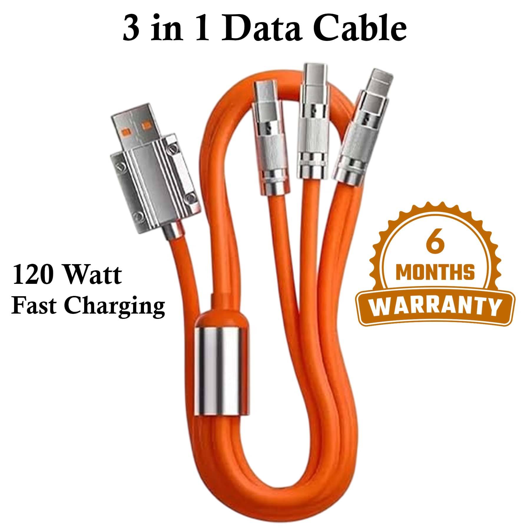     			U7 3-in-1 USB Charging Cable – Lightning, Type-C & Micro USB – 120 W, 6A Fast Charge & Data Sync