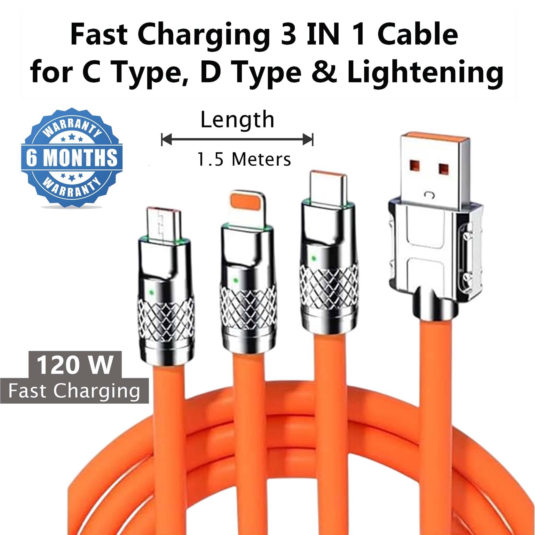     			U7 3-in-1 fast Charging USB Charging Cable, Lightning, Type-C & Micro USB, 120W, 6A Fast Charge & Data Sync