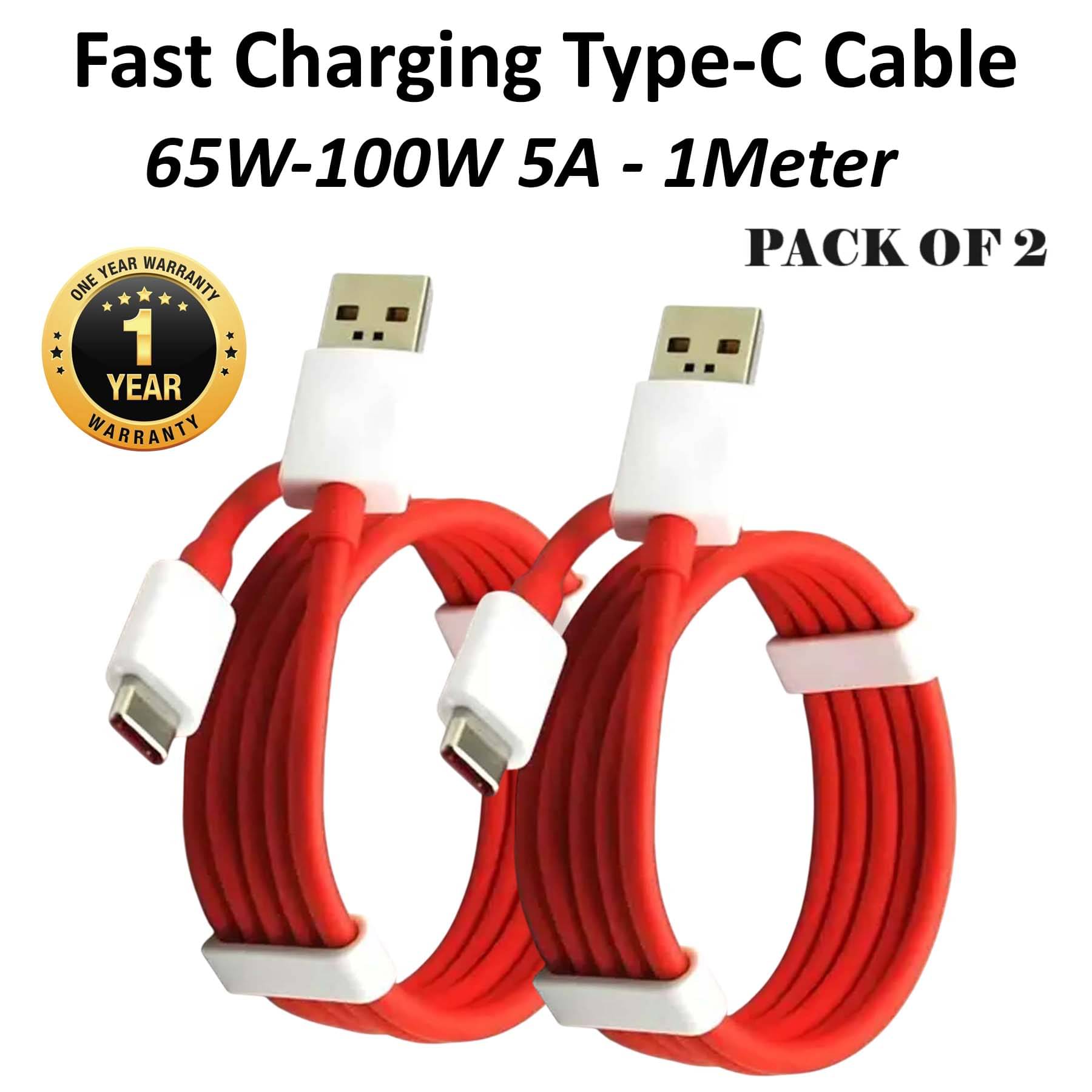     			U7 65W-100W 5A USB Type-C Charging Cable, Fast Charge & Data Sync, Type-C Cable for Smartphones and Devices of All Type - 2 Pack