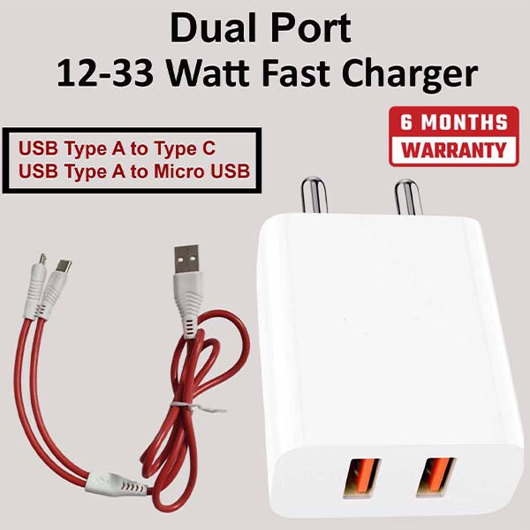     			U7 Dual Port 12W-33W Fast Charger, Usb Type A to Type-C to Micro Usb Charger, Wall Charger for Supported Mobile & Tablets