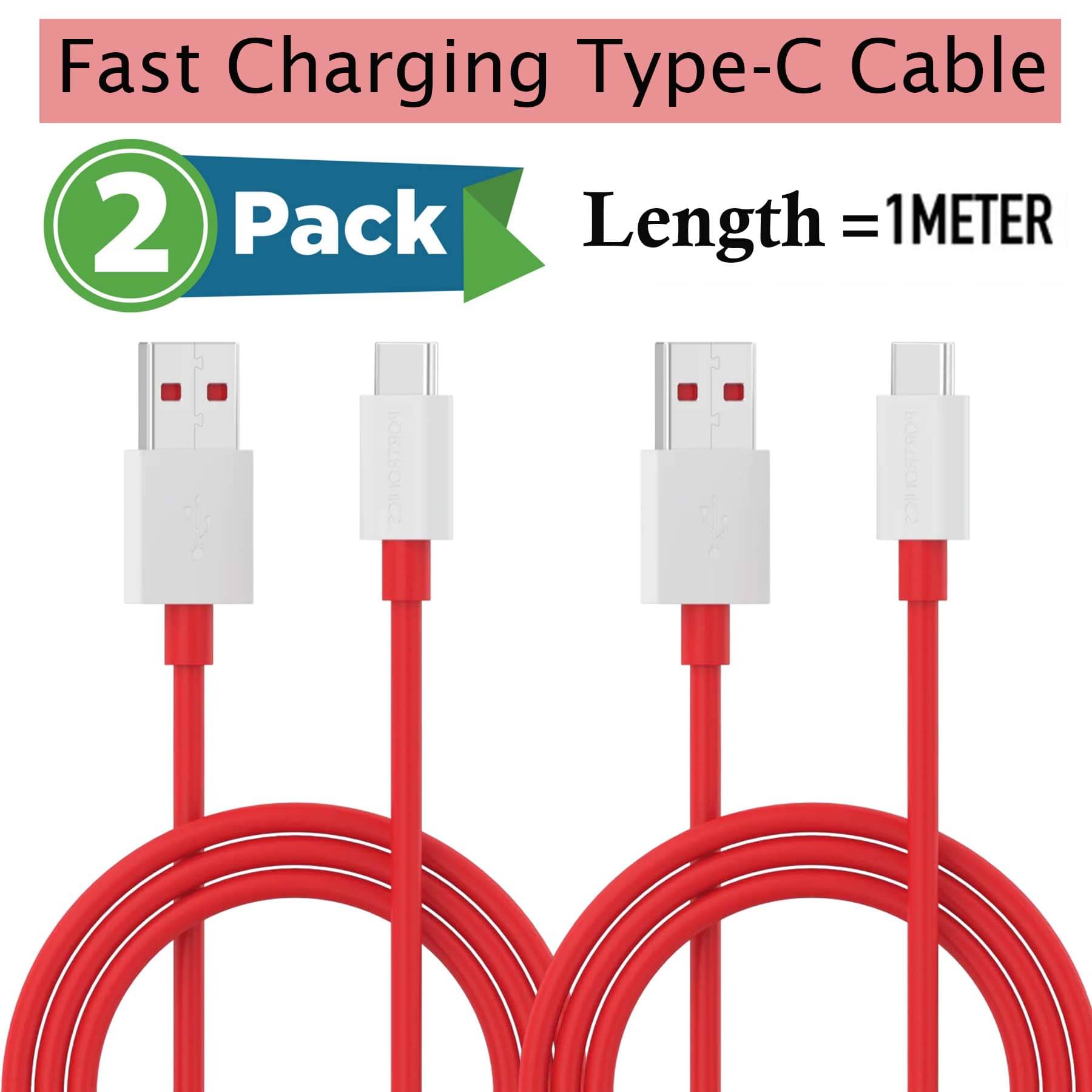     			U7 USB Type-C 65W-100W 5A Fast Charging Cable, Fast Charge & Data Sync, Type-C Cable for Smartphone -  Pack of 2