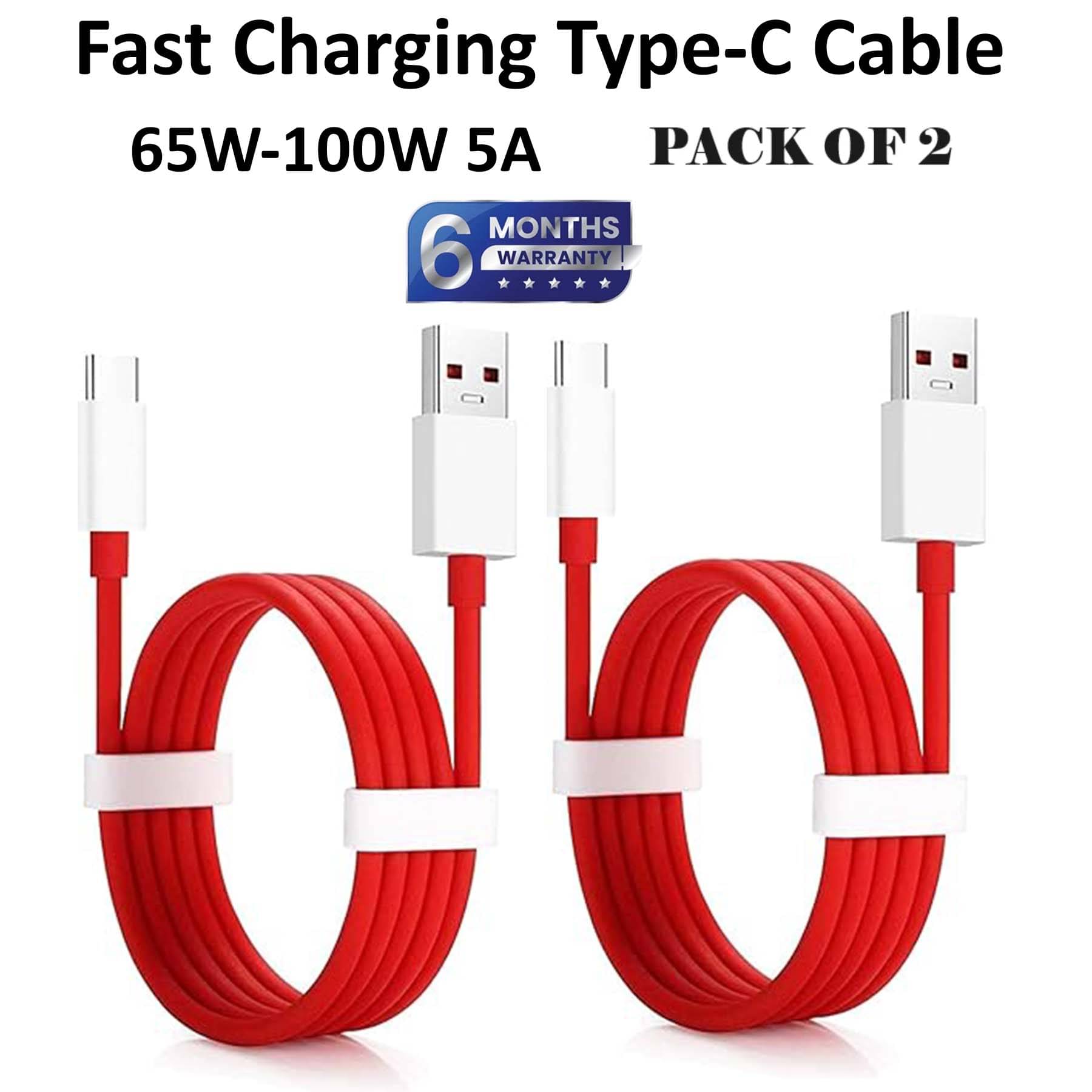     			U7 USB Type-C Charging Cable, Fast Charge & Data Sync, 65W-100W 5A Type-C Cable for Smartphones and Devices of All Type - Pack of 2