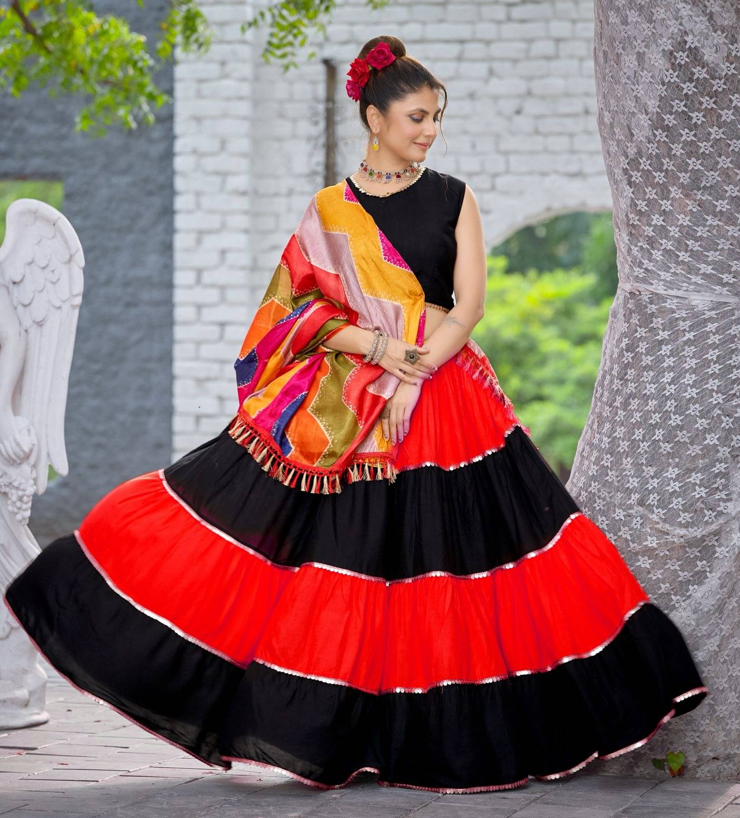 aplix Black,Red Rayon Unstitched Unstitched Lehenga Single aplix Black,Red Rayon Unstitched Unstitched Lehenga Single