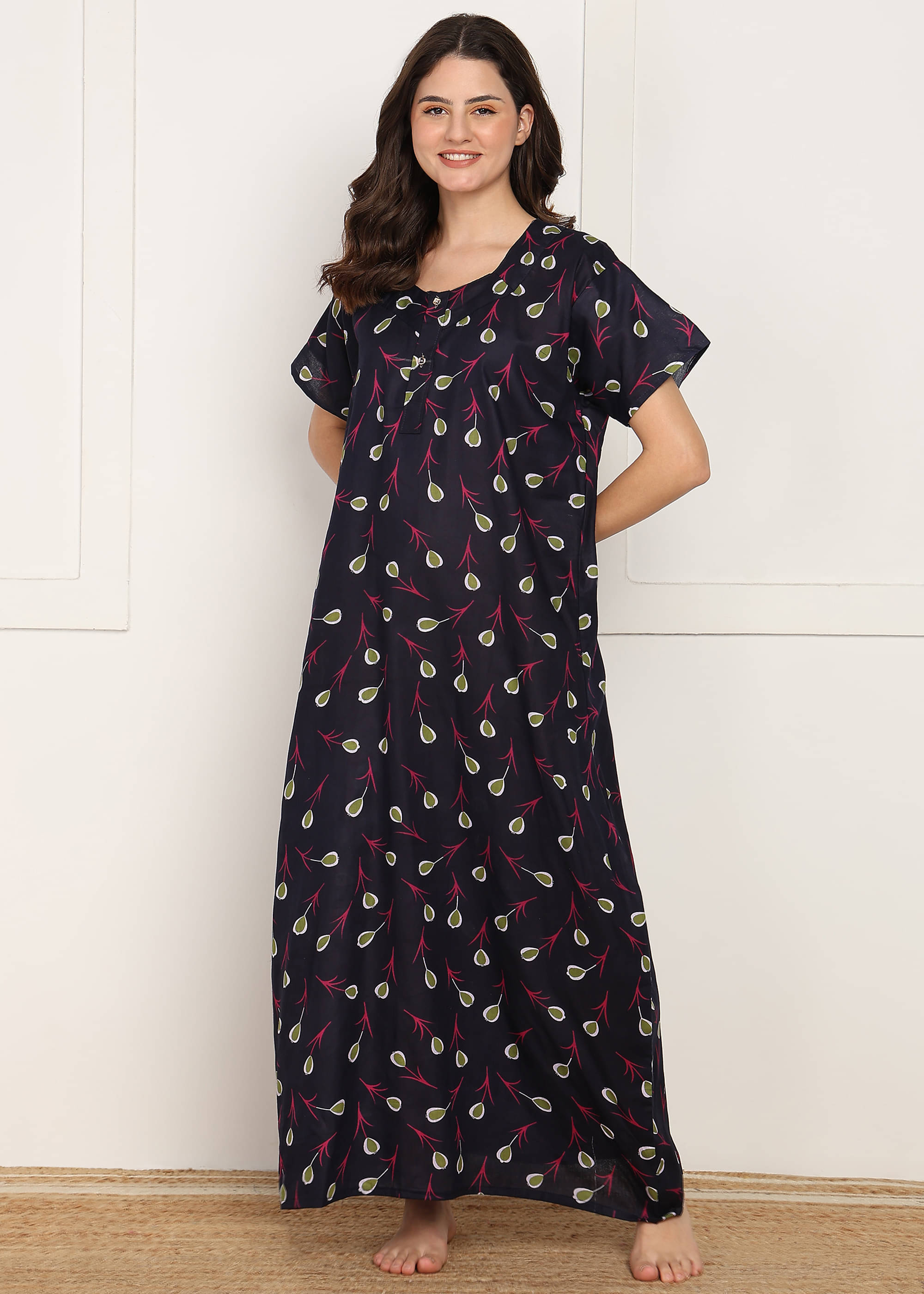 manidhari fab Navy Blue Cotton Women's Nightwear Night Dress ( Pack of 1 ) manidhari fab Navy Blue Cotton Women's Nightwear Night Dress ( Pack of 1 )