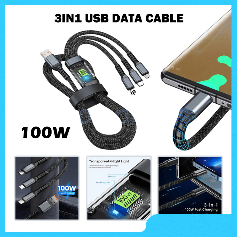 100w 3-in-1 LED Display 3A Fast Charging Cable Usb Type C Micro Charger Cable Braided Cable 100w 3-in-1 LED Display 3A Fast Charging Cable Usb Type C Micro Charger Cable Braided Cable