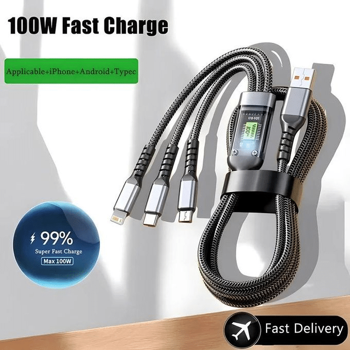 100w 3-in-1 LED Display 3A Fast Charging Cable Usb Type C Micro Charger Cable Braided Cable 100w 3-in-1 LED Display 3A Fast Charging Cable Usb Type C Micro Charger Cable Braided Cable