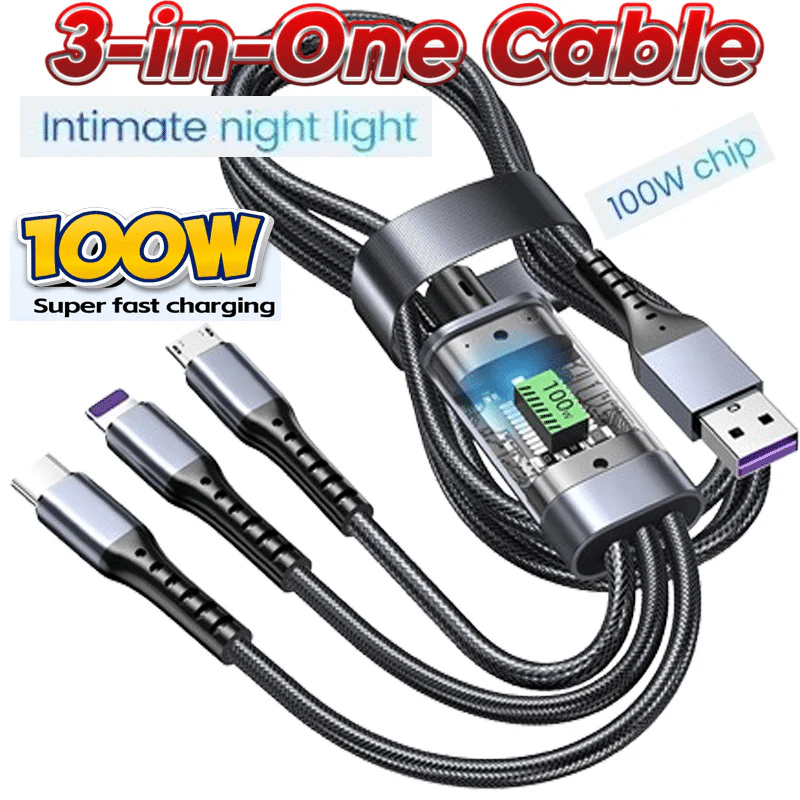 100w 3-in-1 LED Display 3A Fast Charging Cable Usb Type C Micro Charger Cable Braided Cable 100w 3-in-1 LED Display 3A Fast Charging Cable Usb Type C Micro Charger Cable Braided Cable