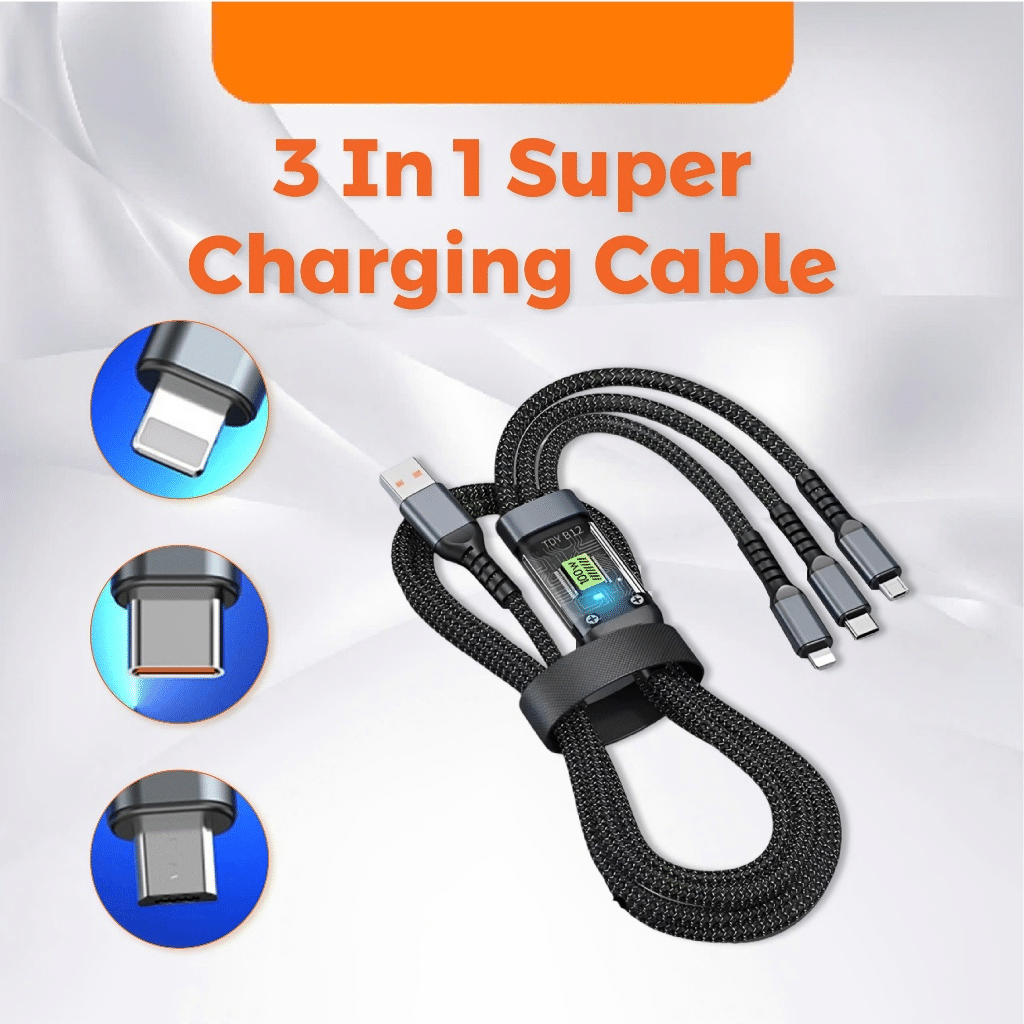     			100w 3-in-1 LED Display 3A Fast Charging Cable Usb Type C Micro Charger Cable Braided Cable