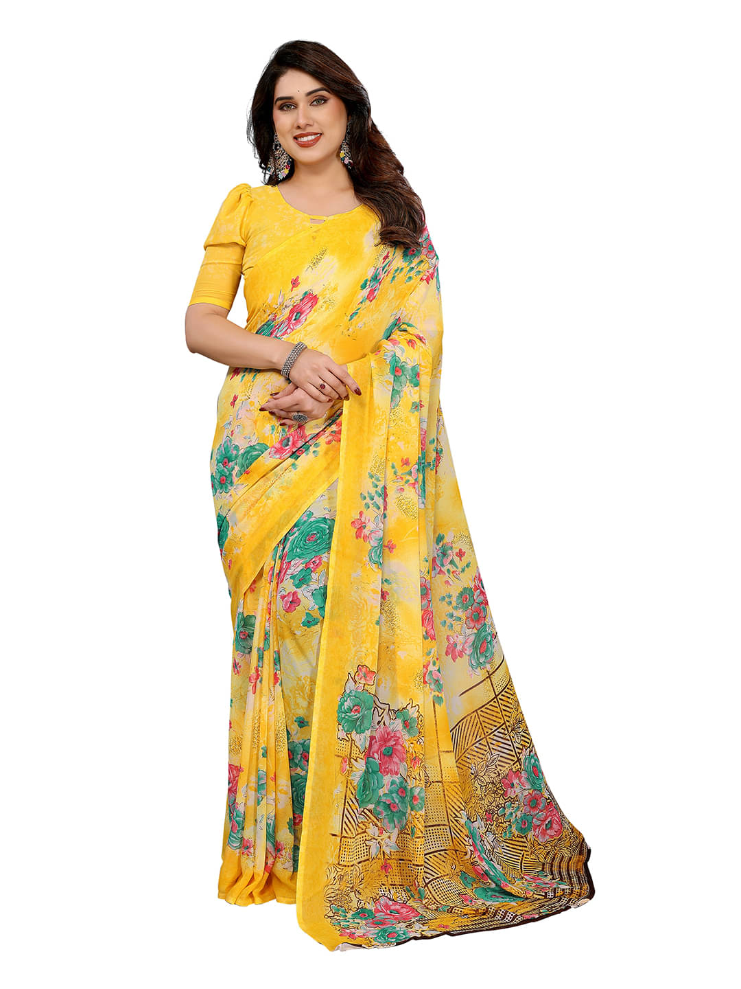     			ANAND SAREES Georgette Printed Kasavu Saree With Unstitched Blouse Piece ( Yellow )