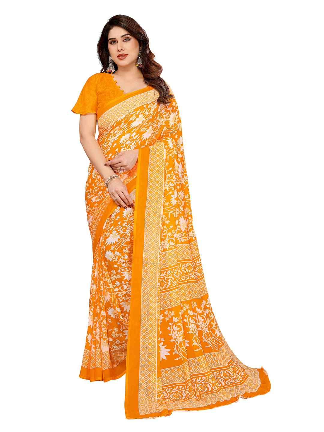     			ANAND SAREES Georgette Printed Kasavu Saree With Unstitched Blouse Piece ( Yellow )