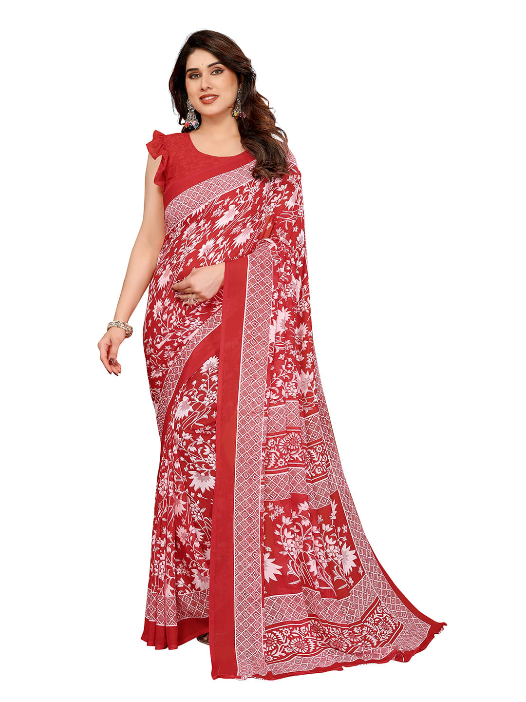 ANAND SAREES Georgette Printed Kasavu Saree With Unstitched Blouse Piece ( Red ) ANAND SAREES Georgette Printed Kasavu Saree With Unstitched Blouse Piece ( Red )