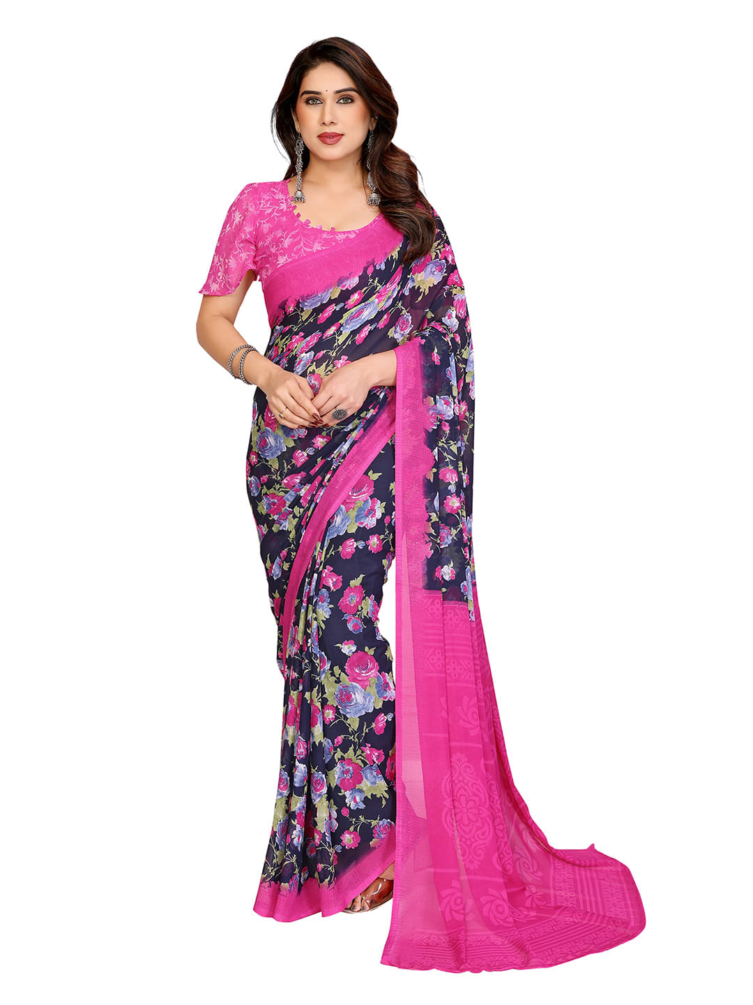 ANAND SAREES Georgette Printed Kasavu Saree With Unstitched Blouse Piece ( Blue ) ANAND SAREES Georgette Printed Kasavu Saree With Unstitched Blouse Piece ( Blue )
