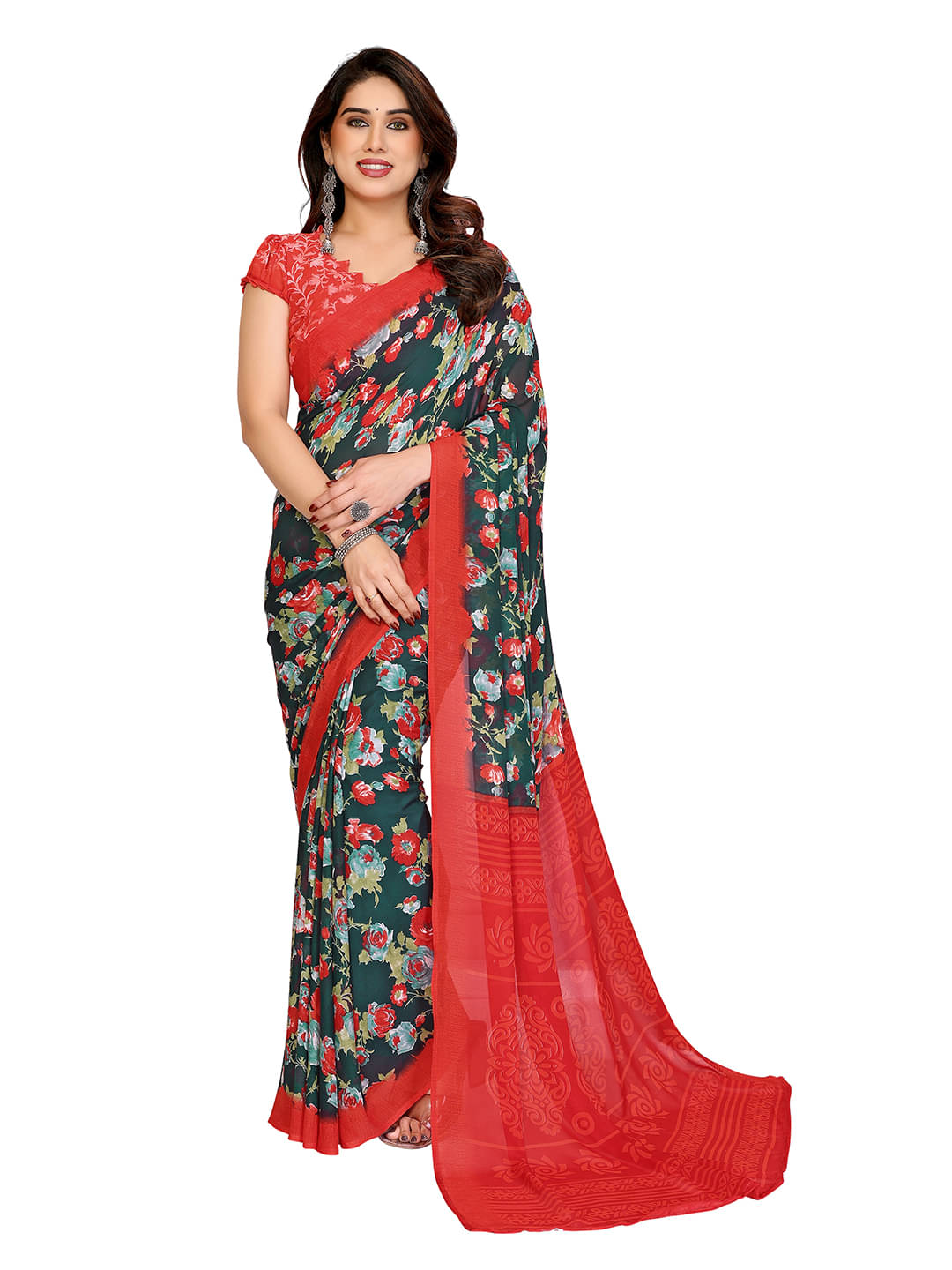 ANAND SAREES Georgette Printed Kasavu Saree With Unstitched Blouse Piece ( Green ) ANAND SAREES Georgette Printed Kasavu Saree With Unstitched Blouse Piece ( Green )