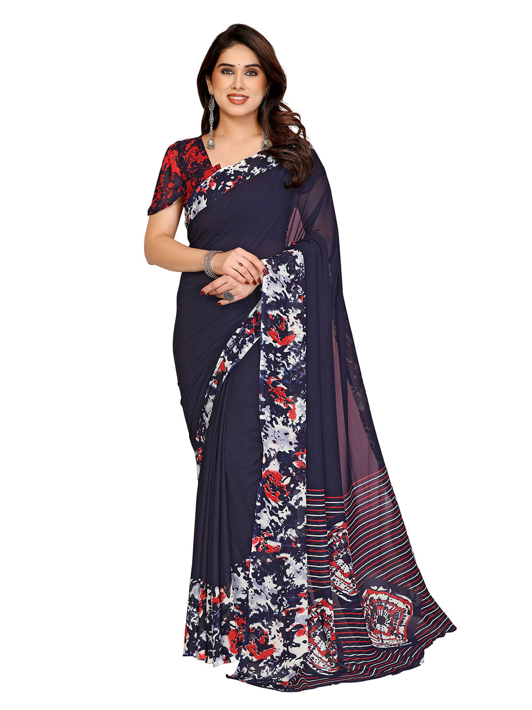 ANAND SAREES Georgette Printed Kasavu Saree With Unstitched Blouse Piece ( Blue ) ANAND SAREES Georgette Printed Kasavu Saree With Unstitched Blouse Piece ( Blue )