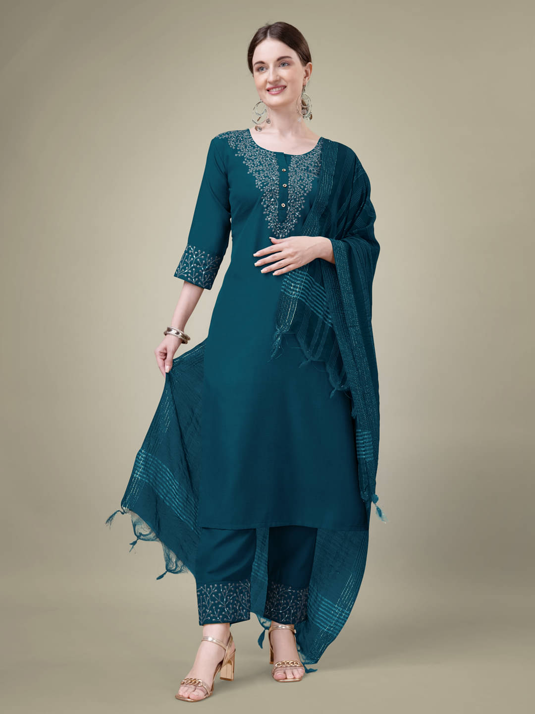 Aika Women Cotton Blend Embroidered Straight Kurti With Pants ( Teal ) Aika Women Cotton Blend Embroidered Straight Kurti With Pants ( Teal )