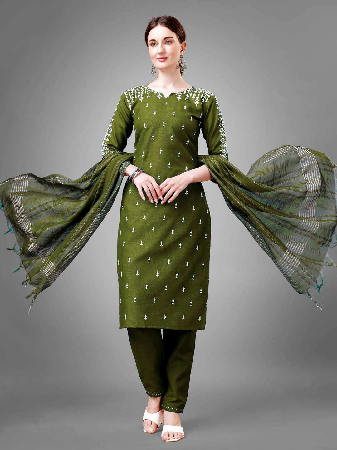     			Apnisha Women Cotton Blend Embroidered Straight Kurti With Pants ( Sea Green )
