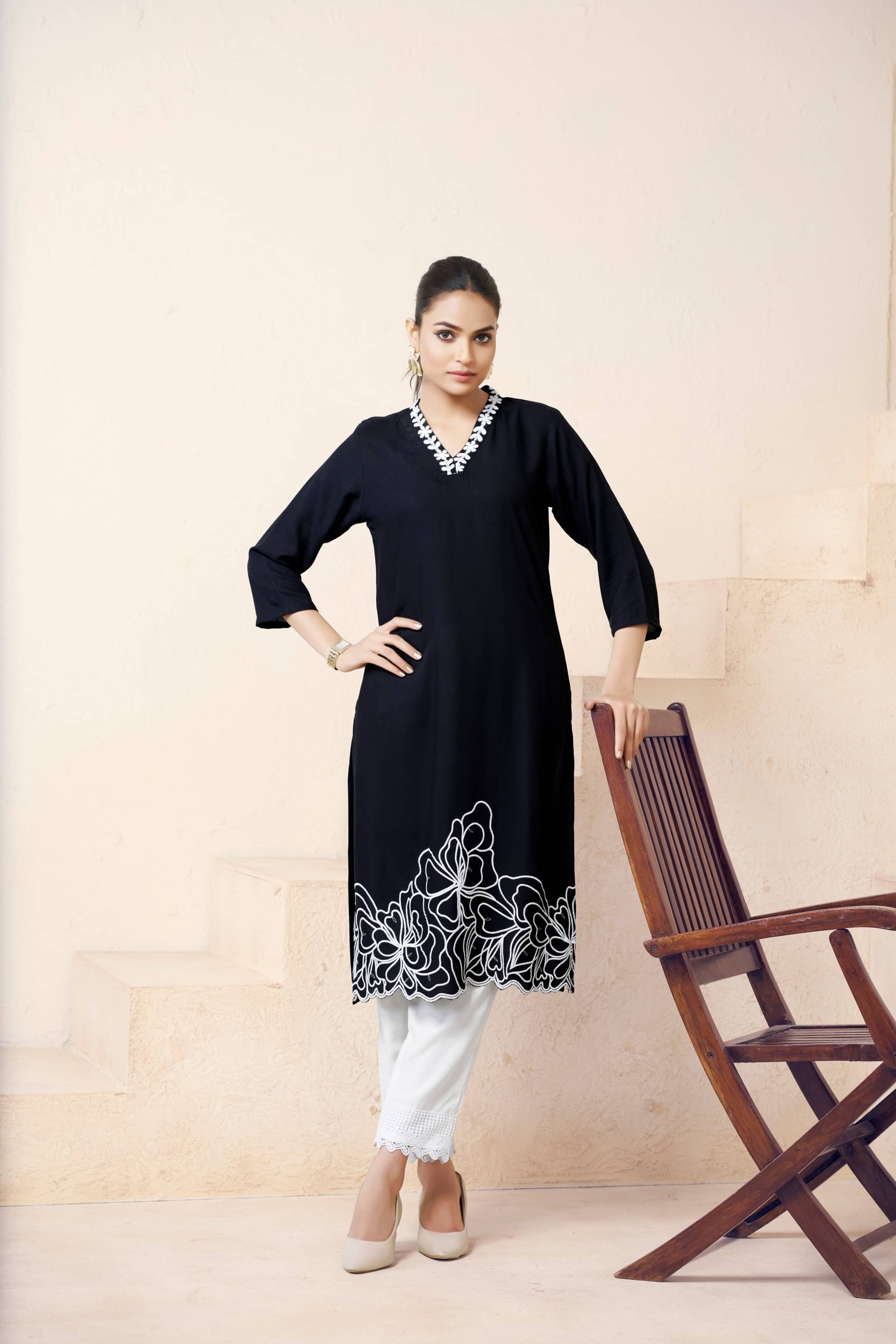     			CYNOR Women Viscose Rayon Self Design Straight Kurti ( Black )