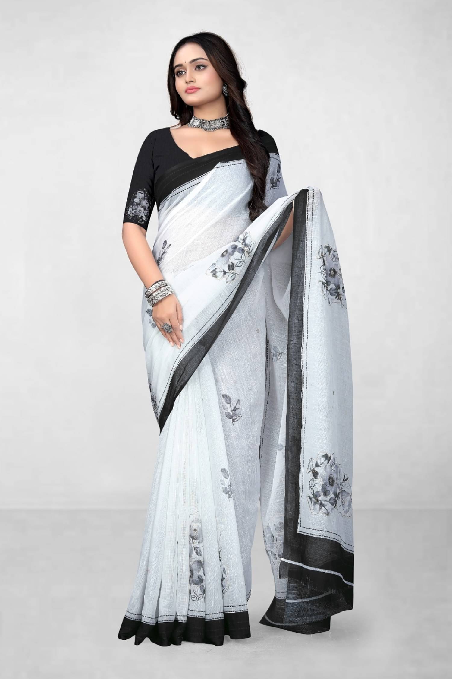     			GOPI SAREE Linen Printed With Unstitched Blouse Piece ( Black )