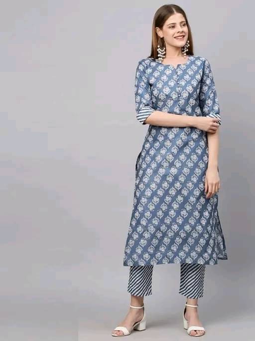     			Jivandhara Women Cotton Blend Applique A-line Kurti With Pants ( Blue )