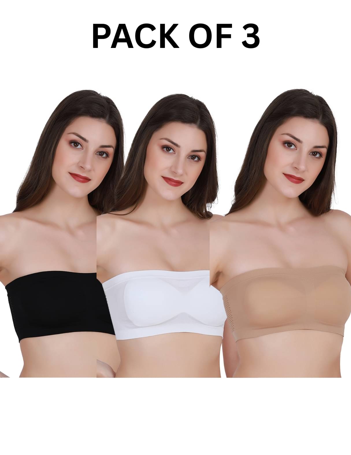     			LADYWRAP Pack of 3 Cotton Blend Lightly Padded Tube Bra For Women ( Black,White,Nude )