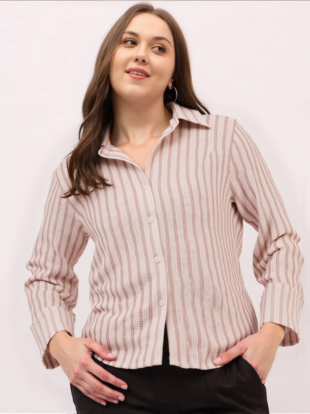     			MAYKR Women Striped Cotton Blend Shirt ( Beige )