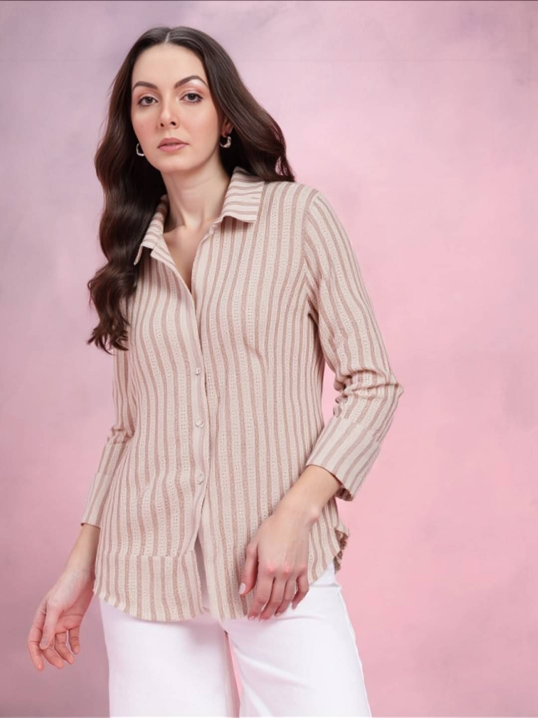     			MAYKR Women Striped Cotton Blend Shirt ( Beige )