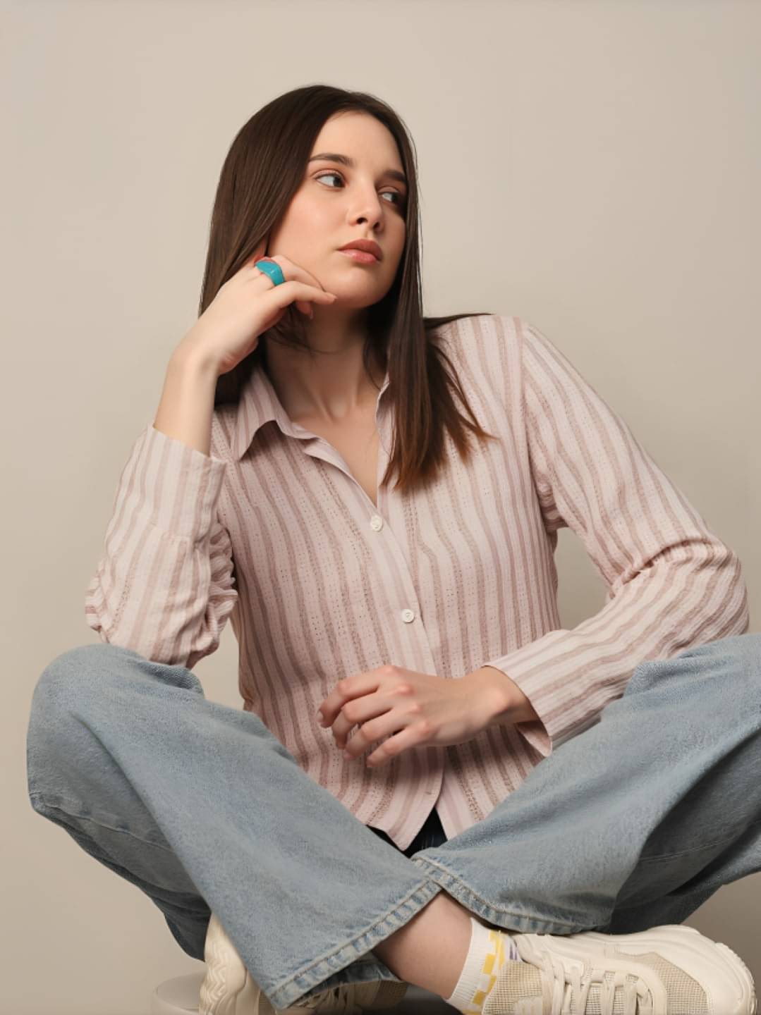     			MAYKR Women Striped Cotton Blend Shirt ( Beige )