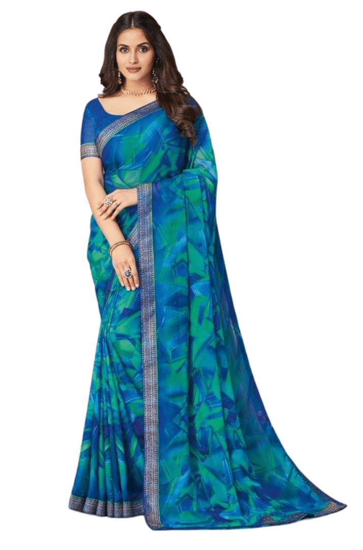     			Nandini Creation Chiffon Colorblock Saree With Unstitched Blouse Piece ( Blue )