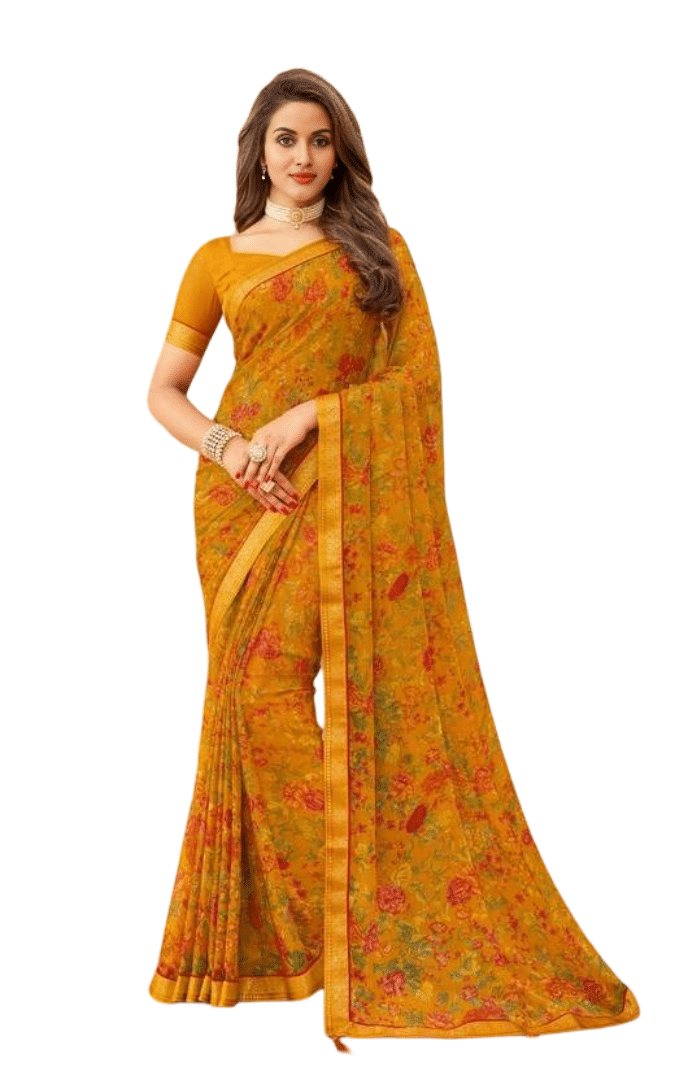 Nandini Creation Chiffon Printed Saree With Unstitched Blouse Piece ( Yellow ) Nandini Creation Chiffon Printed Saree With Unstitched Blouse Piece ( Yellow )